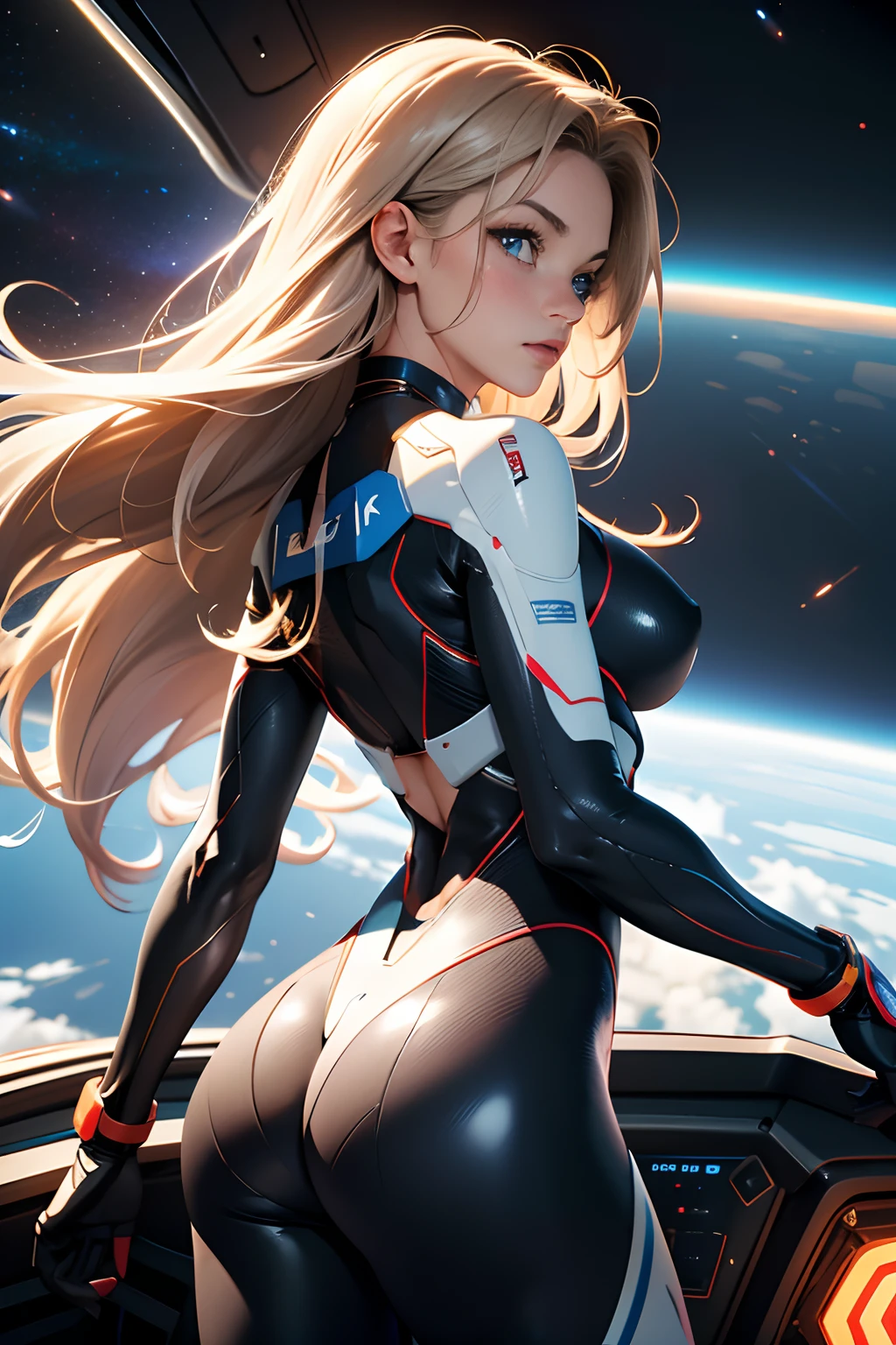 rear view, backside view, turning away, sandy hair, eyes are blue, fit body large breasts slender thighs slender waist pilot suit solo looking away from viewer, in space, long hair, blushing, determination, 8k, extreme detail,