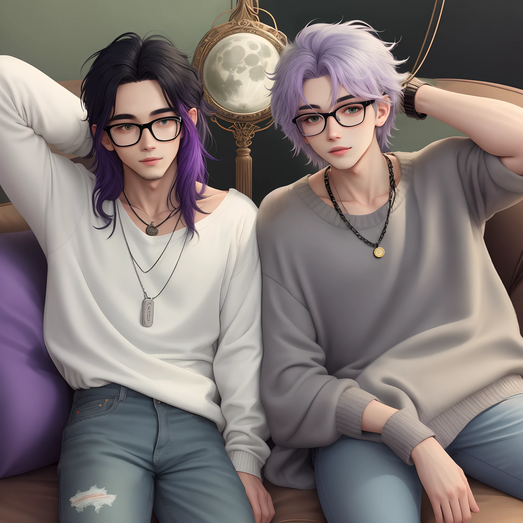 [One person who is a 5ft gay male with long fluffy black into purple dyed ombre hair. freckles and wearing round wire framed fake glasses. wearing an amethyst moon shaped necklace on a long silver chain. wearing a sage green oversized sweater with a white t-shirt underneath, black ripped jeans and black converse.]