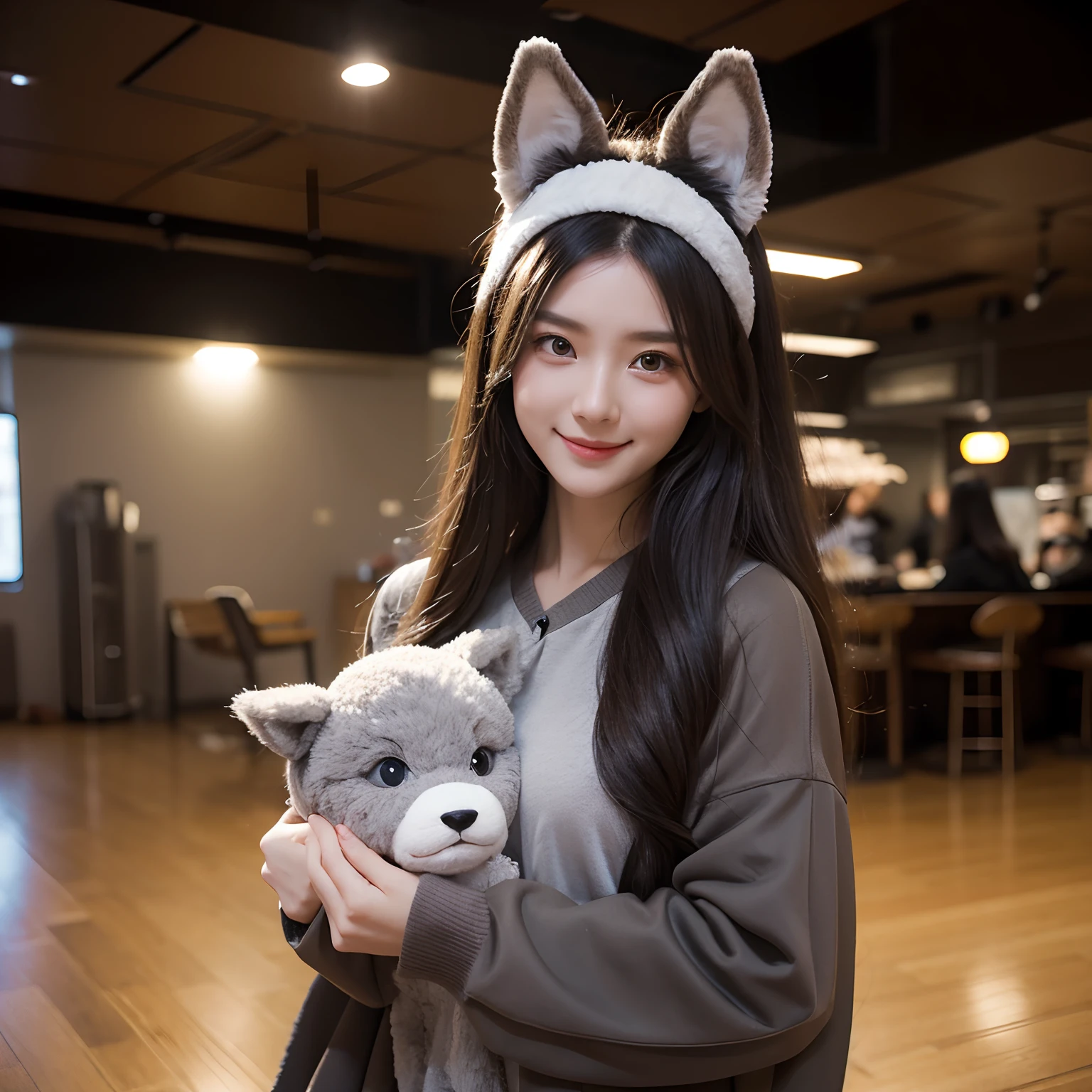 The filming of a special effects program in Warsaw。Young woman wearing a gray costume with a wolf monster fit。She's a villain。The entire body of the fursuit is made of fur。The woman wears a headband that looks like wolf ears on her head。The hair of the female is gray。She smiles。She is posing like a lion。She doesn't have anything in her hands。She has her back turned。The floor is brown。she is holding close her girlfriend.