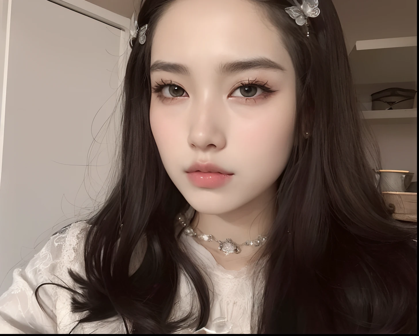 There's a woman with long hair wearing a tie and a necklace, aesthetic cute with flutter, Ulzzang, Sakimichan, Asian face, menina bonito-fino-cara, Beautiful Asian girl, dilraba dilmurat, young cute wan asian face, beautiful aesthetic face, menina coreana, cruel korean goth girl, clear lips and high quality