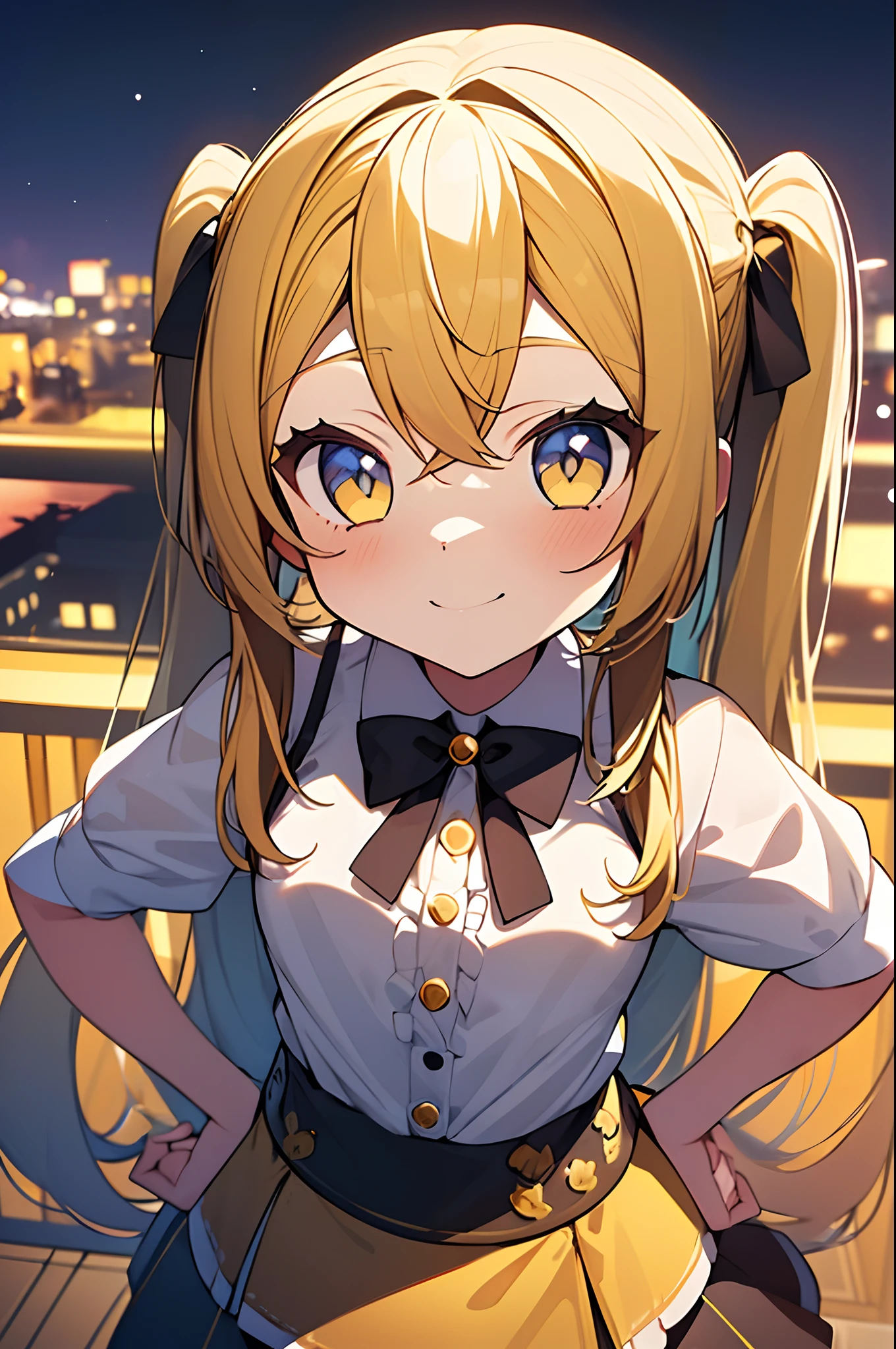 1girl. yellow hair.long hair.twintails.short stature. small breast.white t-shirts.skirt. (((masterpiece))).(((best quality))).)((ultra-detailed))).(((illustration))). (((put your hands on your hips))).(((night view))).look from above.smile.