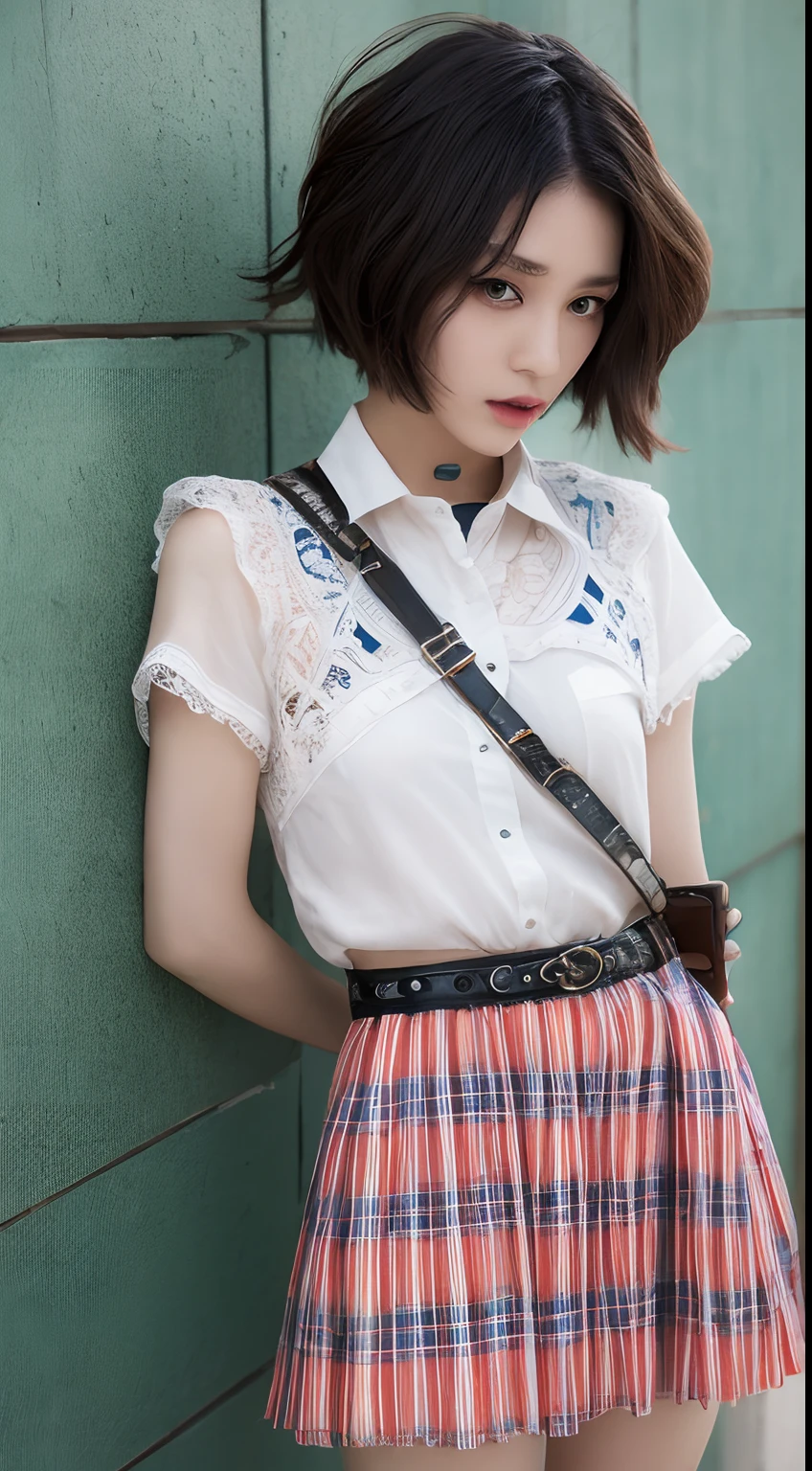 An extraordinary editorial fashion full-body photo of one Korean pop idol , hair model, Unique hair details, Lace-Up Belt Casual Tie-Dye Skirts＆Leg-Cover, double eyelid, very short hair, full-body photo, detailed face, professional makeup, hyper res