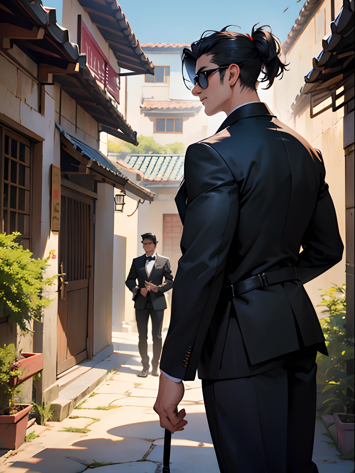 (tmasterpiece,Best quality at best:1.2),very fine and beautiful,detailed back ground,The best volume lighting,The best shadow, 人物(A group of burly bodyguards stained the courtyard) + Character details(Age twenty,Rounded hairstyle,The expression is serious,Stand with serious movements,Clothes: Black suit and black sunglasses) + Scenes(Chinese courtyard) + angle of view(frontage,Overlooking、Faraway view) + Picture quality words(high qulity,8k,Bright colors) + Style: Rural:country style,Rural style,zona rural,rustic