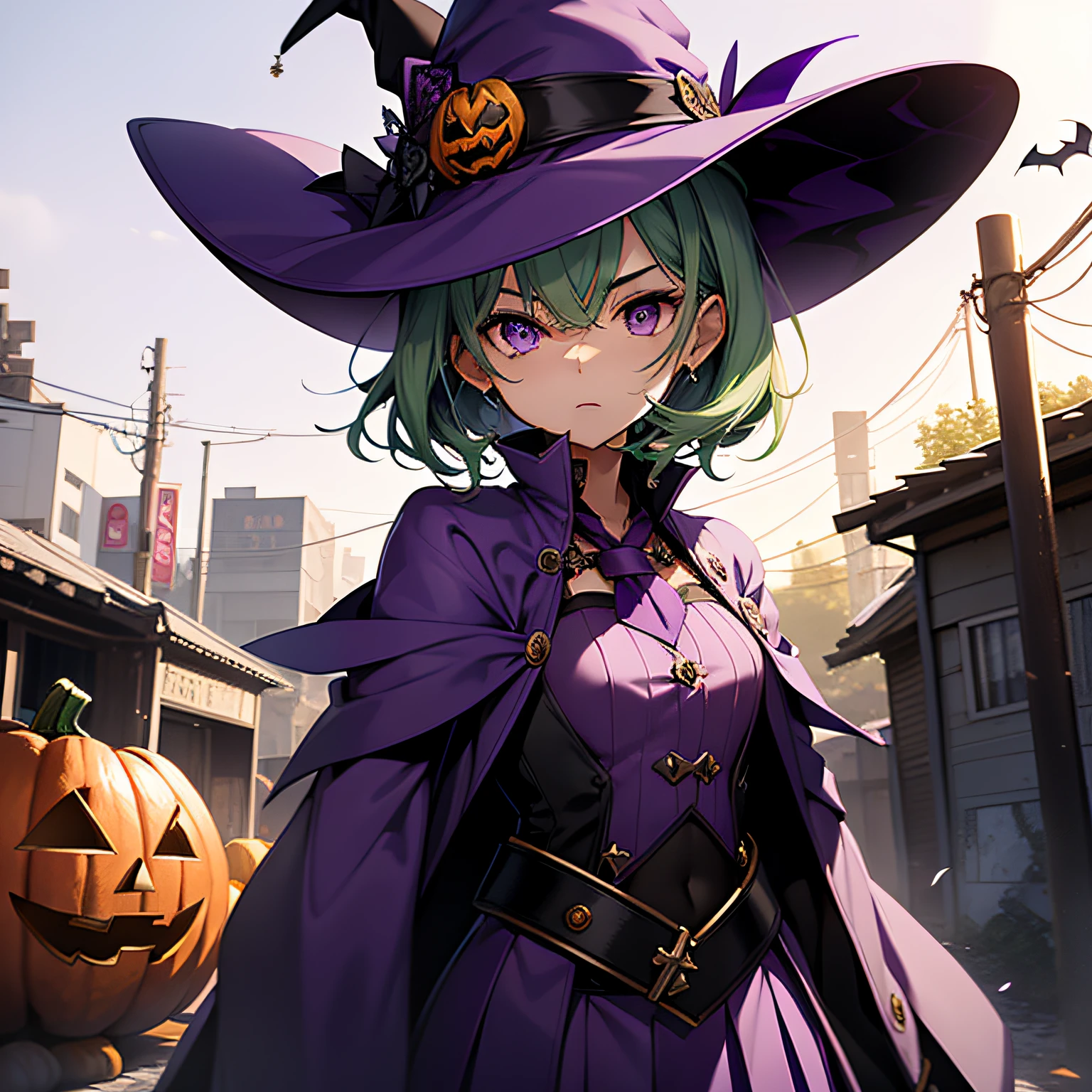 Top quality, very delicate and beautiful, (teenage girl), purple eyes, green hair, small, short hair, (purple pointy hat), one, tactical vest, short sleeves, purple skirt, purple wizard robe, navel, smile, ((((bloody)))