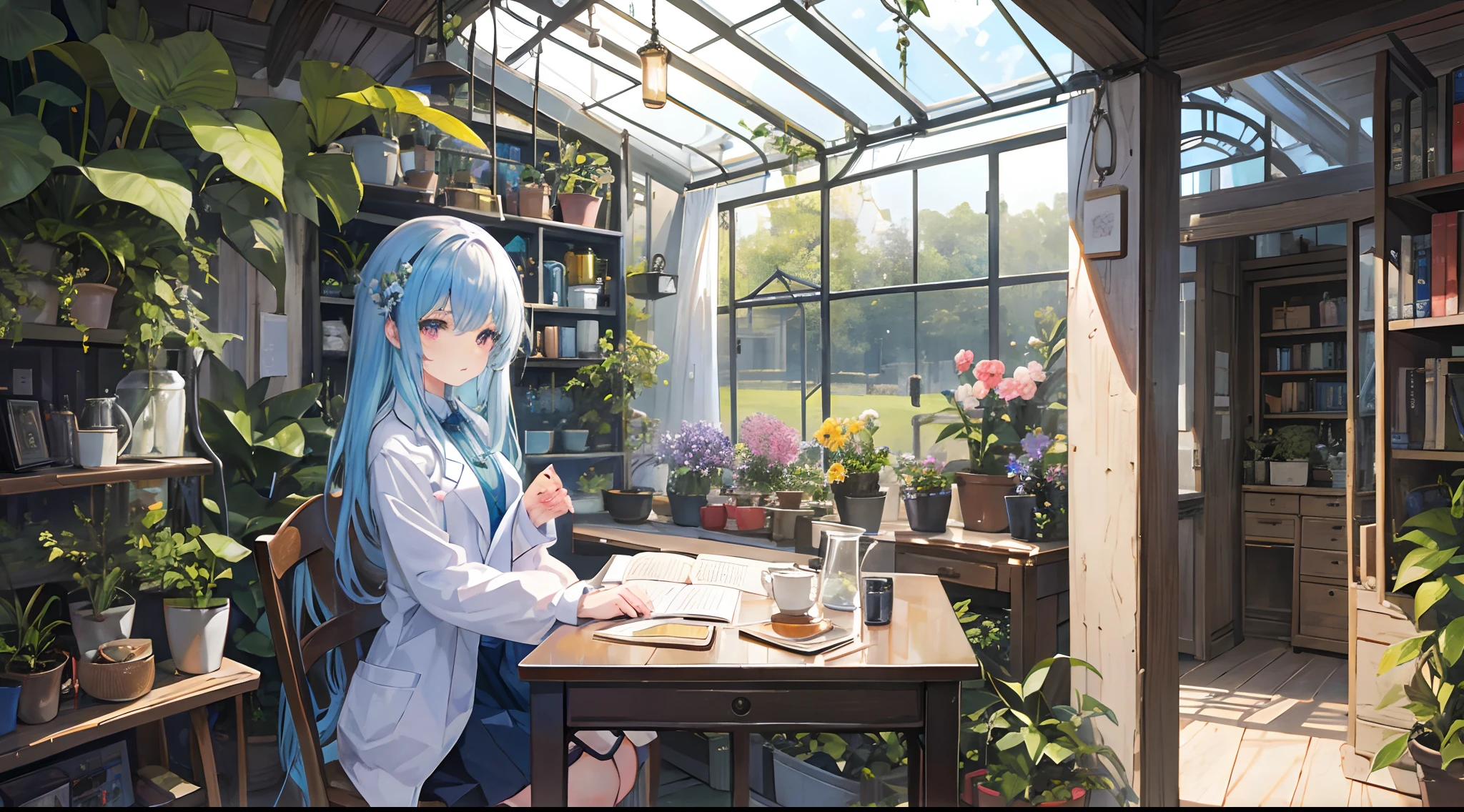 animesque、illustratio、ultra-definition、A detailed eye、Detail Facial、wearing lab coat、teens girl、long hair in one knot、length hair、Botanist、pile of books、Wear the plant、a cool、fantastical light、room full of plants、glasshouse、natta、Greenhouse at night、moonlights、Fantasy worldview、dried flower、Flowers in a jar、lanthanum、One girl、black tea、Glass teacups and teapots