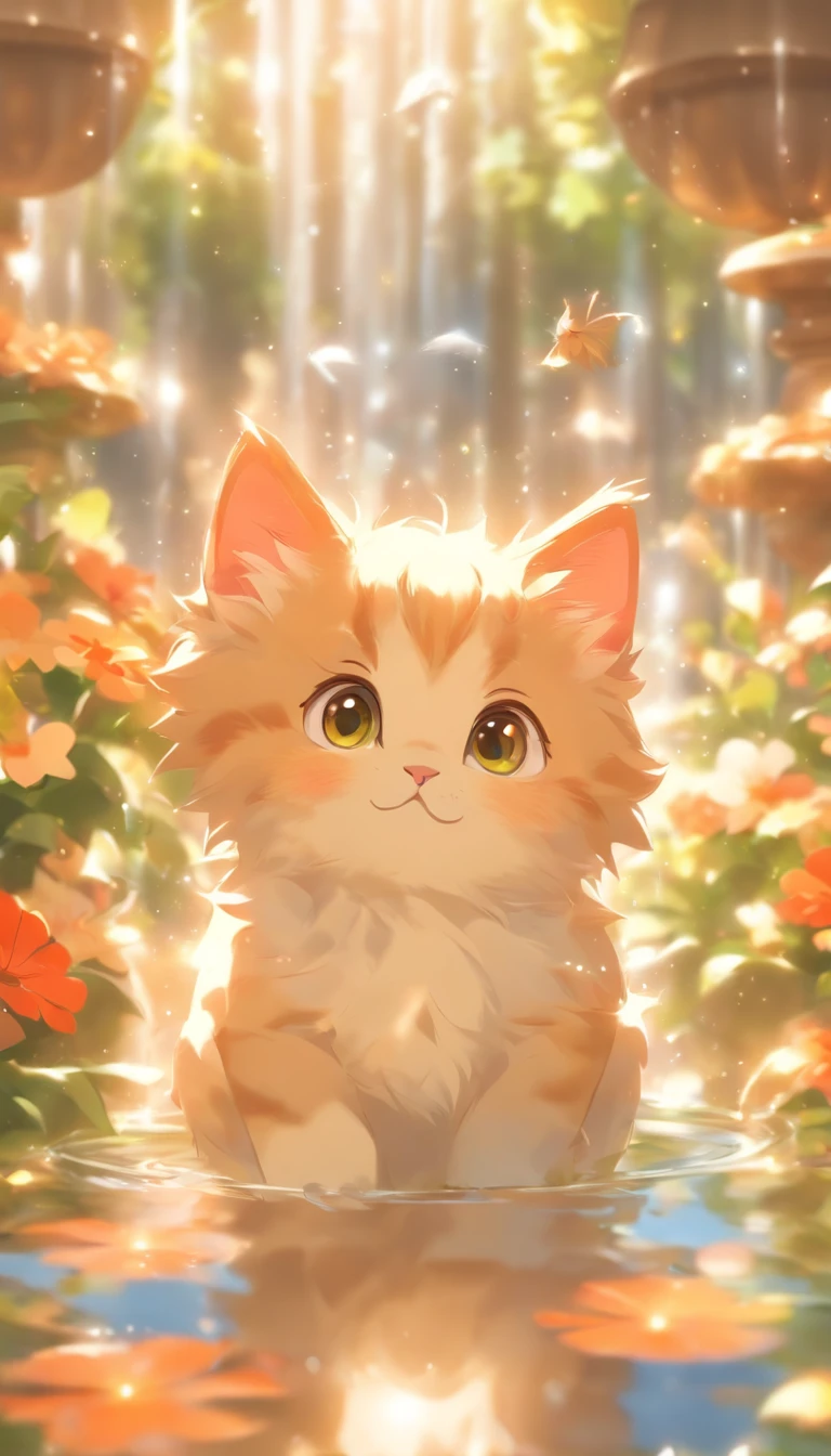 Cute kitten with round eyes, Garden fountain, , Distant home, Mirror effect
