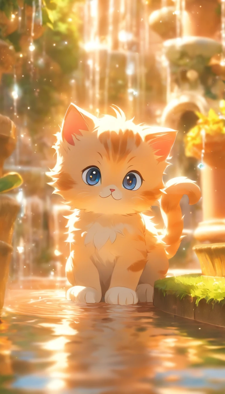 Cute kitten with round eyes, Garden fountain, , Distant home, Mirror effect