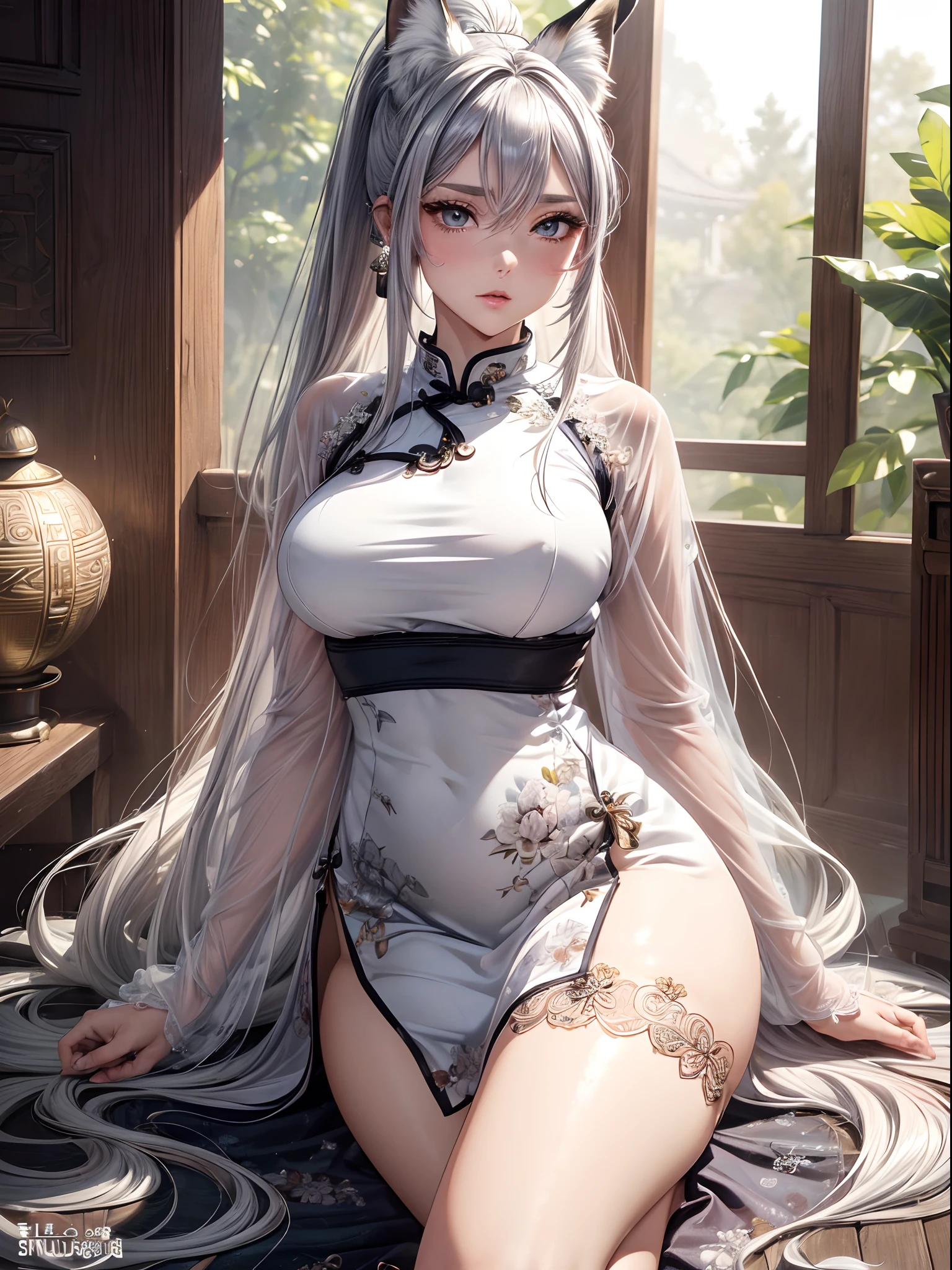 absurderes,(masterpiece、top-quality、8K ),intricate detailes,ultra-detailliert、1 beautiful pale woman,(silber hair:1.2),((fox ear:1.3)),Long ponytail,Mega Ponytail,(qipao dress:1.3),thighs thighs thighs thighs、long eyelashes,(Beautiful and detailed eyes),Glossy lips,Sunlight,is standing、(sexy pose:1.2),Hyper realistic,Perfect Anatomy
