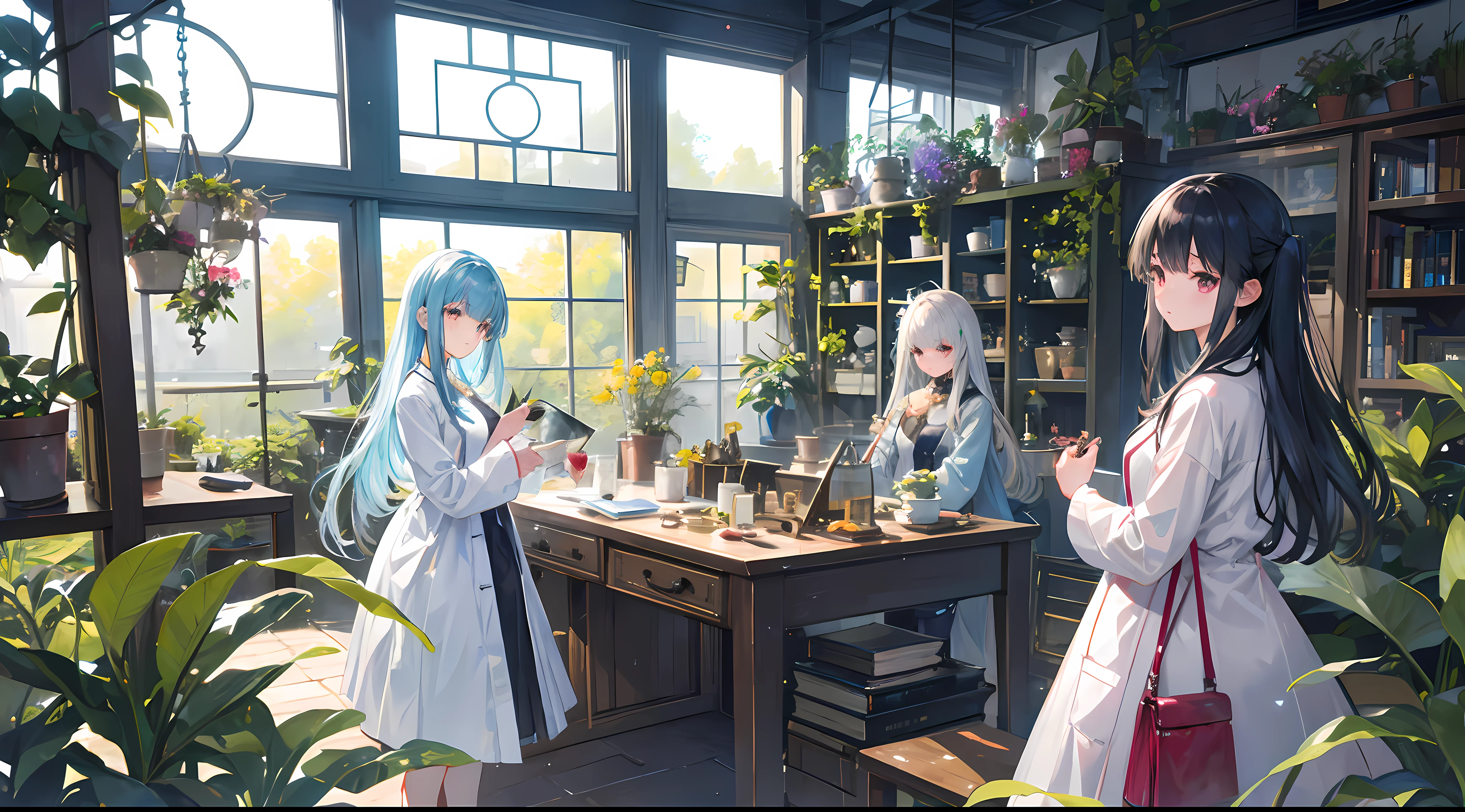 animesque、illustratio、ultra-definition、A detailed eye、Detail Facial、wearing lab coat、teens girl、long hair in one knot、length hair、Botanist、pile of books、Wear the plant、a cool、fantastical light、room full of plants、glasshouse、natta、Greenhouse at night、moonlights、Fantasy worldview、dried flower、Flowers in a jar、lanthanum、One girl、black tea、Glass teacups and teapots
