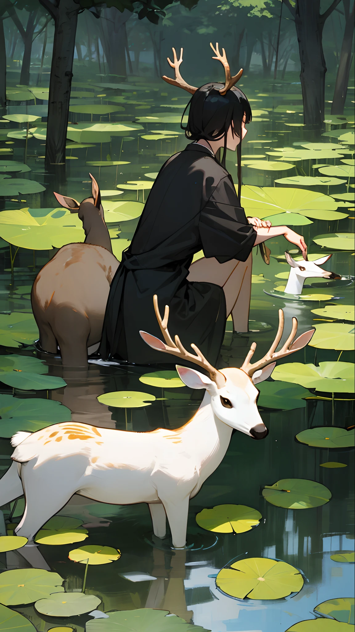The deer went down to the lotus pond and were drinking water. At that time, Mi Chao was waiting to eat the deer. The forest behind the deer was very strange.