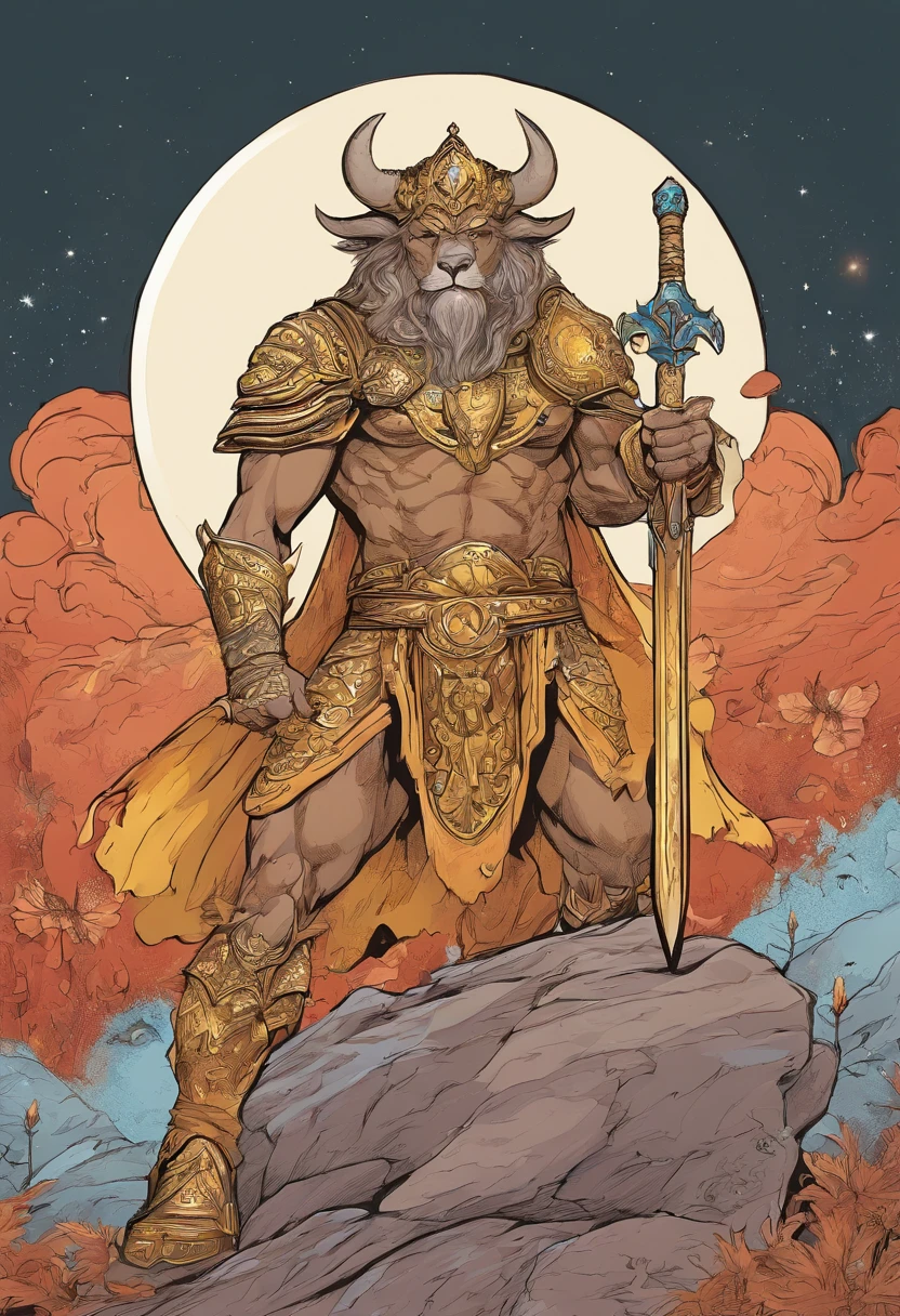 A Minotaur whose fur is white. He is a prince. He wears a simple gold crown and heavy armor. He wields a war-pick and a shield that has the sun and the moon on it. On his hip he has sheathed a sword whose blade glows the color of the moon