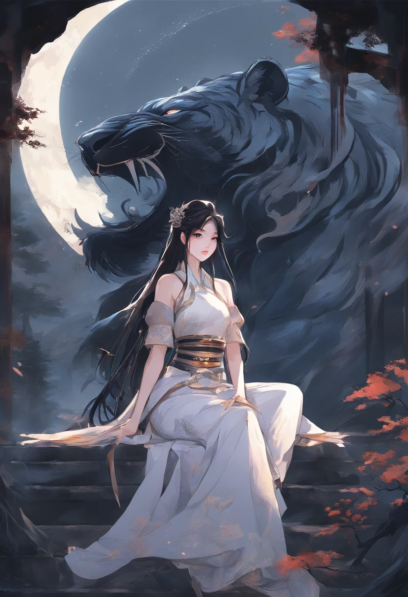 China-style,Chinese mythology,Black Tiger,Roar,Ferocious,Gigantic,The eyes glow blue,Glow effects,High hills,Cloudy and foggy,the night,Medium view scenario,full bodyesbian, Like one,(Masterpiece, Best quality), 1girll(atenea_Asamiya Palace), Cute dress, Long black hair, Sitting, Beautiful outdoor background, Night, forest,highly detailed surreal vfx,China ink painting,water ink,ink,Smudge,downpours,Get wet,water,water column,Resistant to gravity water jets,Spiral,China-style,中景 the scene is,super-fine,ultra - detailed,high qulity,8K ,Sharply focus the eyes,中景 the scene is,Full body like,OC Rendering Highly detailed, surreal visual effects,OC Render, - AR 16:9 --q 2 --s 1000