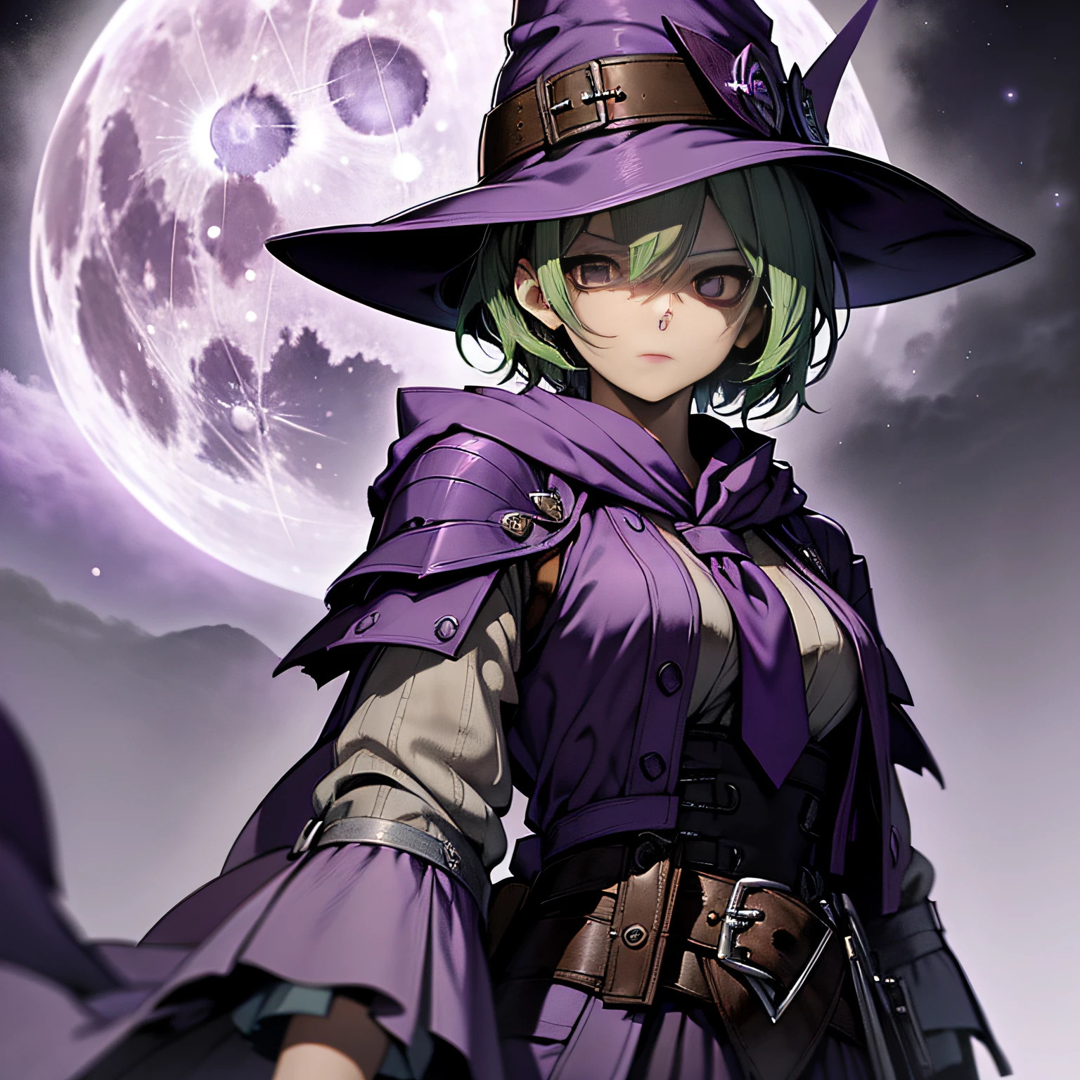 top-quality、extremely delicate and beautiful、(A  girl)、Purple Eye、Green hair、short-haired、(purple witch hat)、Purple tie、Tactical Vest、Soio、shortsleeves、Purple skirt、Purple Wizard Robe、Navel、is standing、Facing the front、Expression of hatred、Full moon night on background、Only eyes