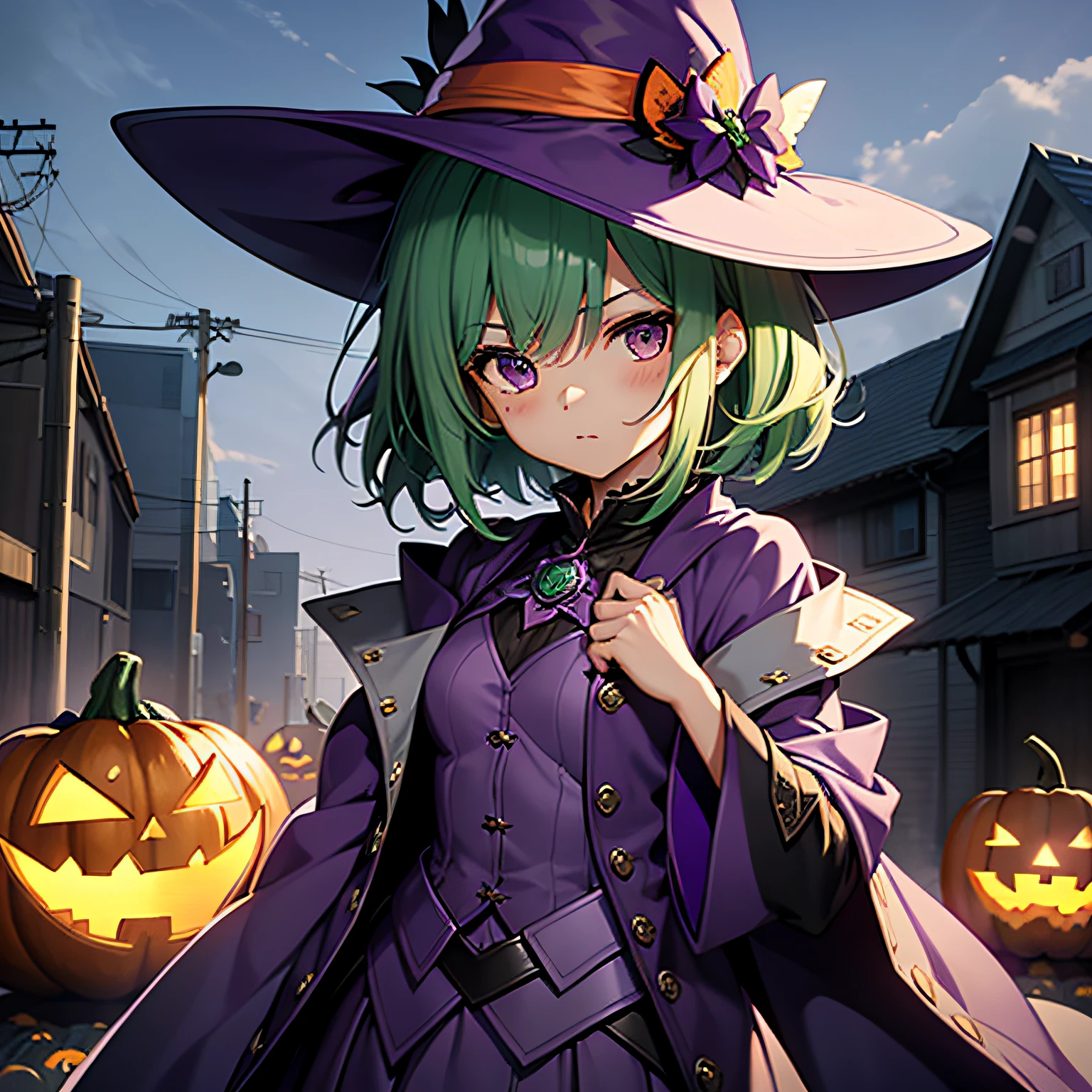 top-quality、extremely delicate and beautiful、(A teenage girl)、Purple Eye、Green hair、short-haired、(purple witch hat)、Purple tie、Tactical Vest、Soio、shortsleeves、Purple skirt、Purple Wizard Robe、Navel、is standing、Facing the front、Holding a pumpkin in one hand、((Halloween Backgrounds))
