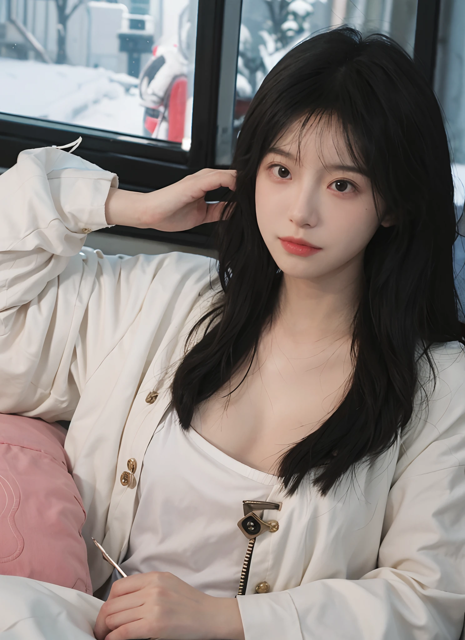 8K,best qualtiy,tmasterpiece,超高分辨率,(真实感:1.4),RAW photogr,(True skin texture:1.3),(filmgrain:1.3),(Selfie angle),1个Giant Breast Girl,Beautiful eye and face details,tmasterpiece,Best quality at best,closeup cleavage,leisure wear,On the bus,