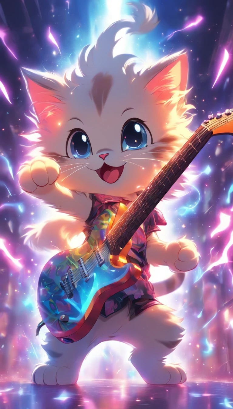 Draw an image of a kitten dancing while playing an electric guitar