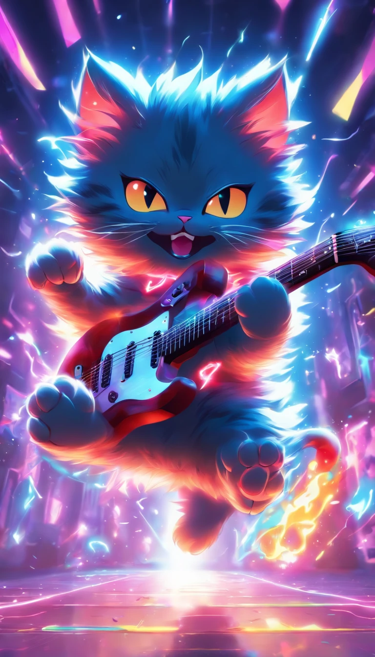 Draw an image of a kitten dancing while playing an electric guitar