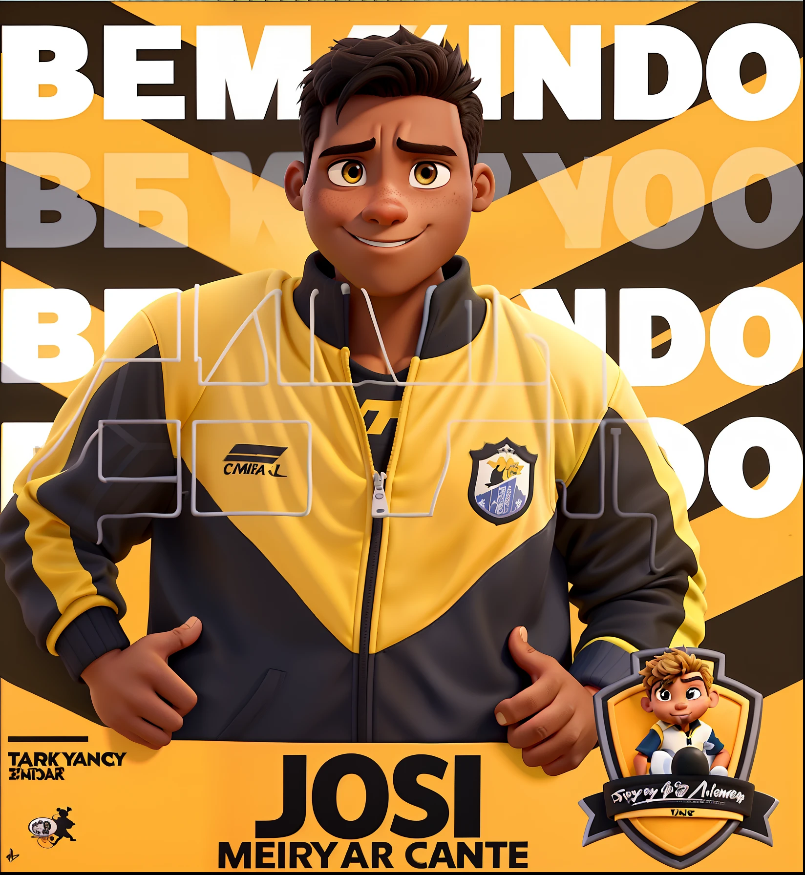 Create a Disney Pixar-style poster of a young man with dark skin, thin physique and a yellow and black soccer uniform.