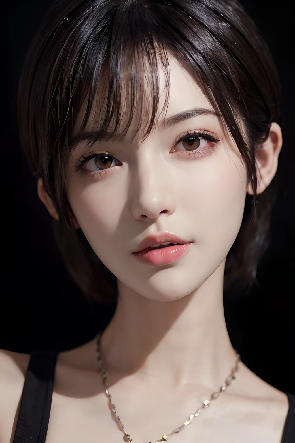(Masterpiece:1.3), (8K, Photorealistic, RAW Photography, Best Quality: 1.4), (1 Girl), Beautiful Face, (Realistic Face), (Black Hair, Short Hair:1.3), Beautiful Hairstyle, Realistic Eyes, Beautiful Detail Eyes, (Realistic Skin), Beautiful Skin, (Sweater), Absurdity, Attractive, Ultra High Definition, Ultra Realistic, High Definition, Golden Ratio, Full Body Shot, Camisole, One Piece