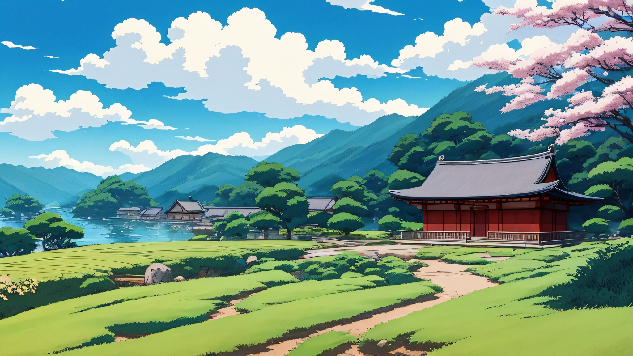arte de fundo、Kazuo Fawn style touch、The touch of the wind of Yamamoto Nizo、Ghibli anime drawings、Beautiful anime scenes in the countryside、in the style of Hayao Miyazaki、Skysky、handpainted