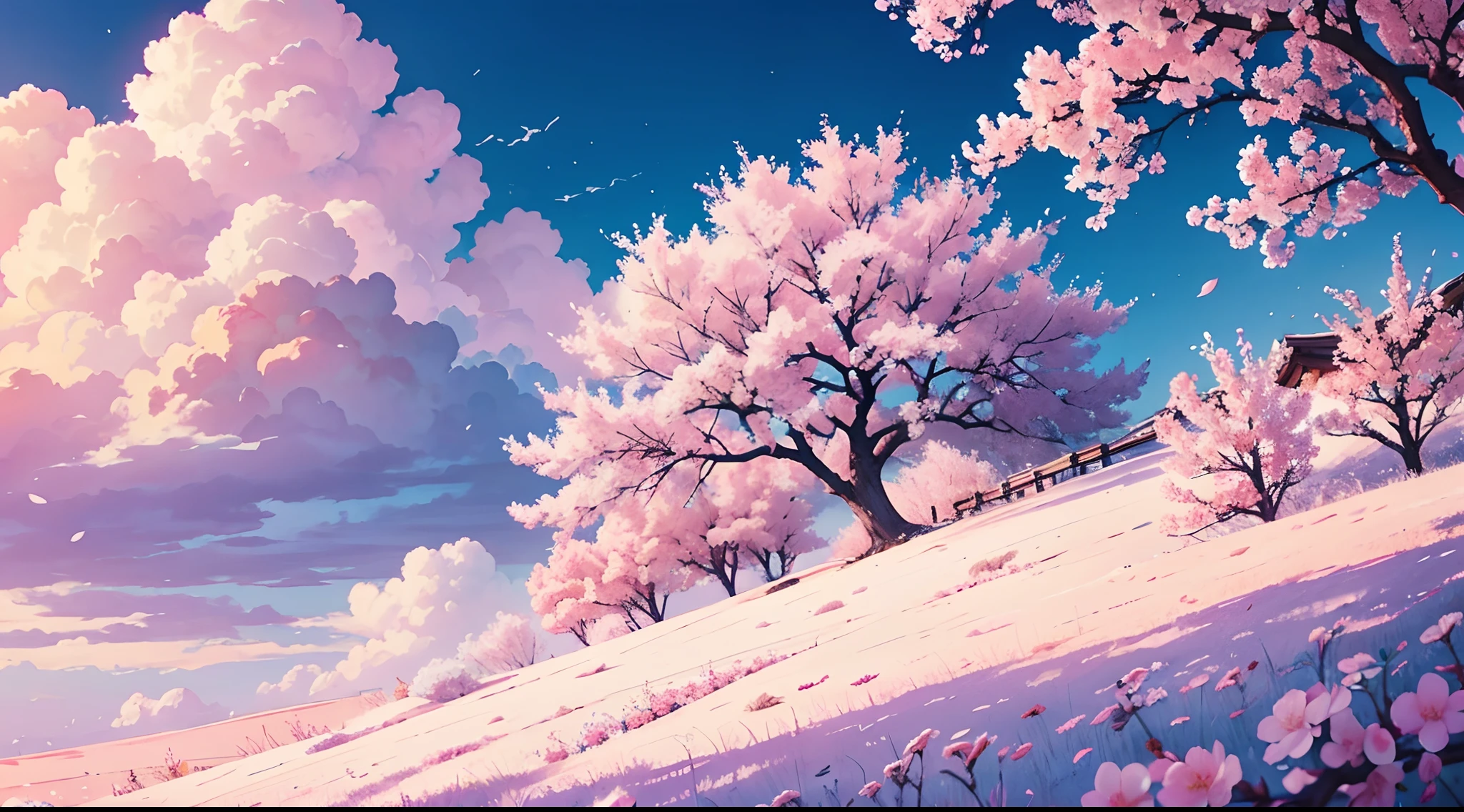 Peach blossom tree purple sky and white color and peach color combine, all color are very light color like cloud