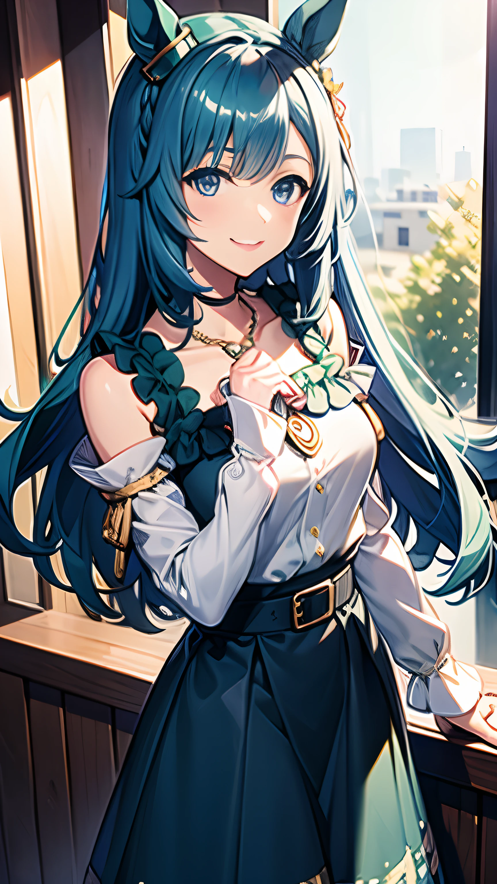 ​masterpiece、top-quality、
Mejiro Aldan\(Umamusume\),
Sitting
jewellery、a necklace、long-sleeve、white  shirt、a belt、a necklace、a blue skirt、Long skirt、with floral pattern、lawn、A smile、A slight smil