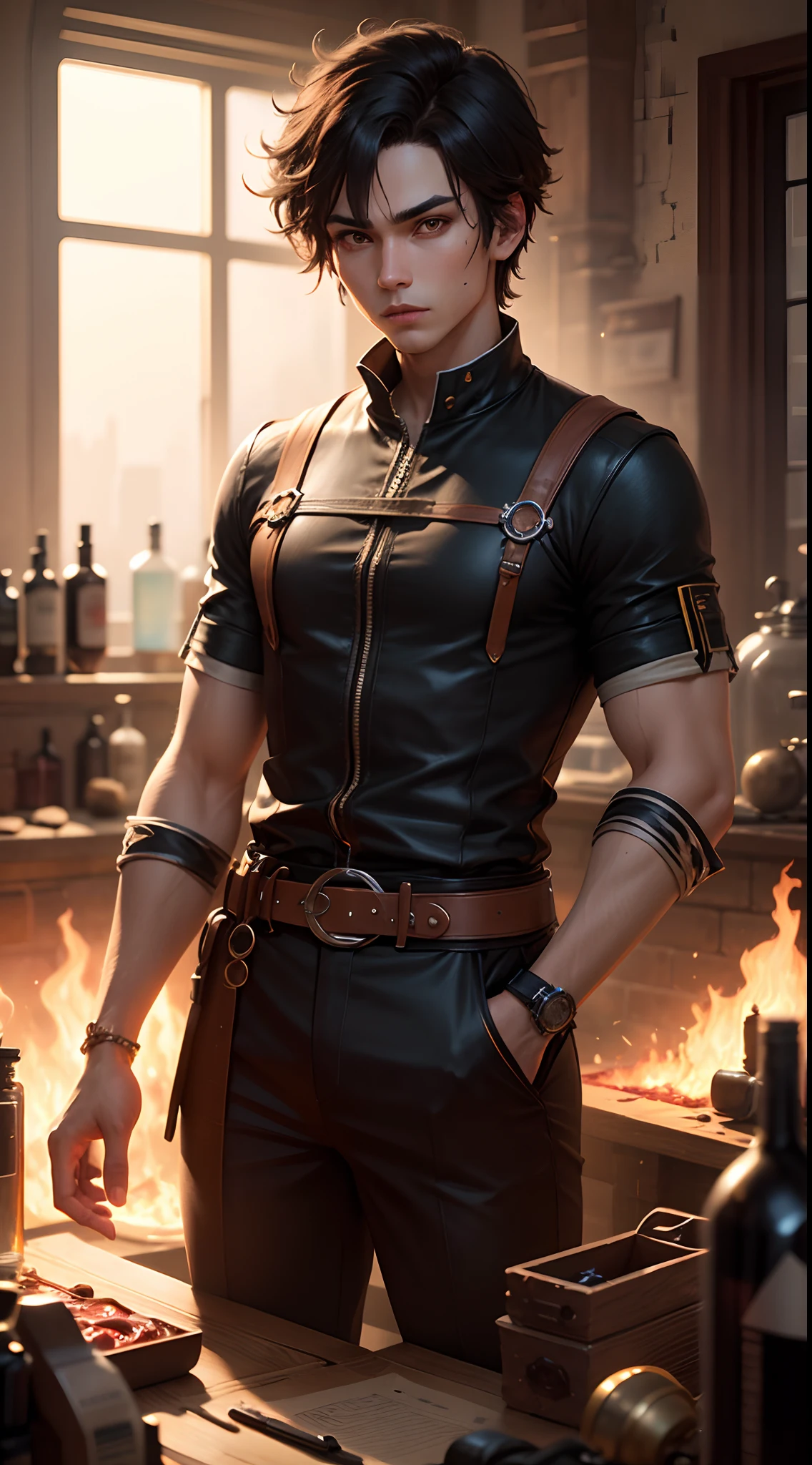 boy, alchemist scientist, detailed black flames eyes, detailed black short hair, Highres, detailed, ray tracing, 4k pixel