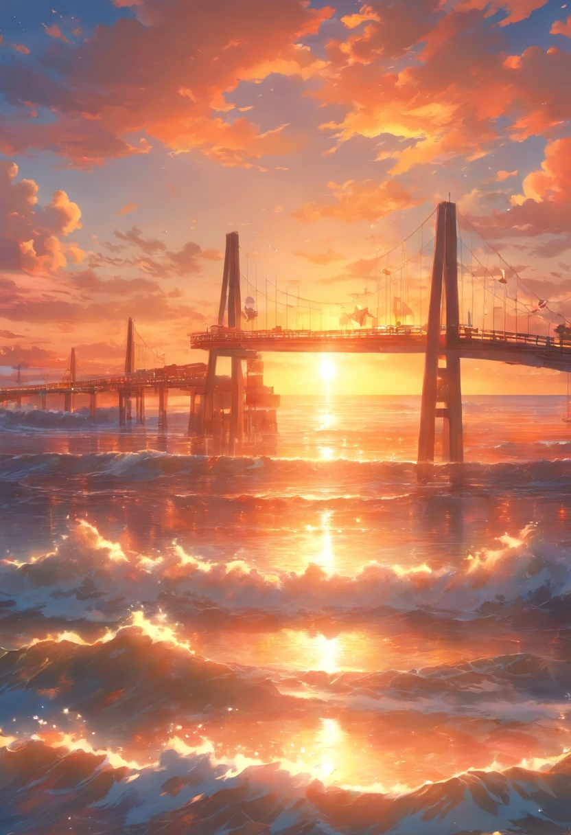 Cross-sea bridge, Mare, wave, sea beach, summertime, the sunset, hyper HD, Masterpiece, Anatomically correct, High details, A high resolution, Best quality, Super detail, 8K