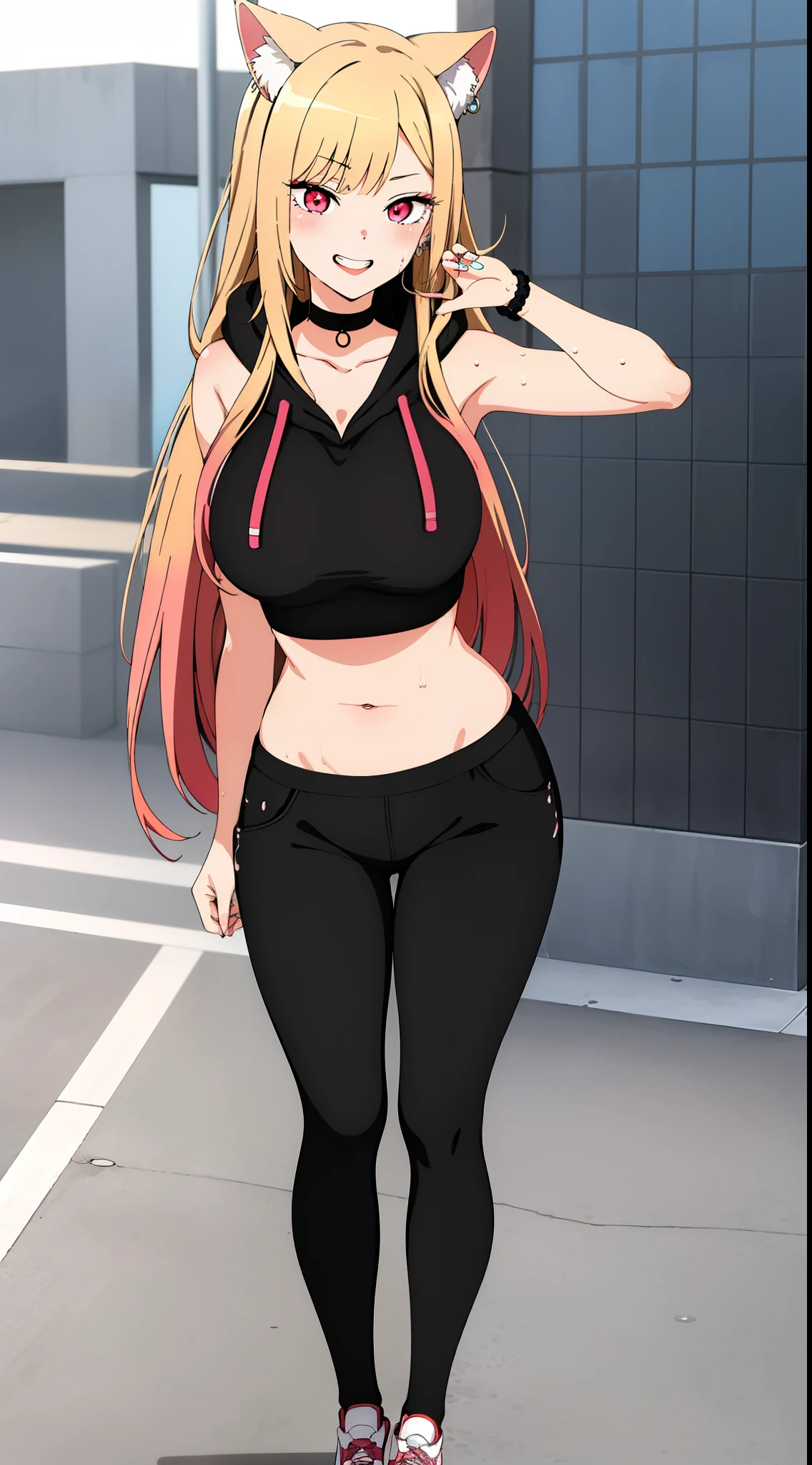 cat poses anime girl pors up ,best quality, (masterpiece:1.2), detailed,wearing a hoodie to the gym ,sweating a lot ,dripping wet all over ,big boobs out ,looking hot ,super, wearing black pants big ass, cute pose kitagawa marin sb, 1girl, solo, open mouth, grin, smile, long hair, blonde hair, red eyes, multicolored hair, earrings, , choker, blue necktie, standing, looking at the viewer, outdoors,black pants ,big   , character, design, perfect eyes ,punk girl teen skateboard