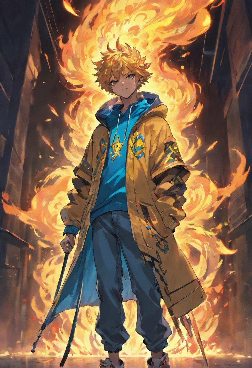 Jamaican God Of Fire In Hoodie And Jeans With A Staff Made Of Blue Flames