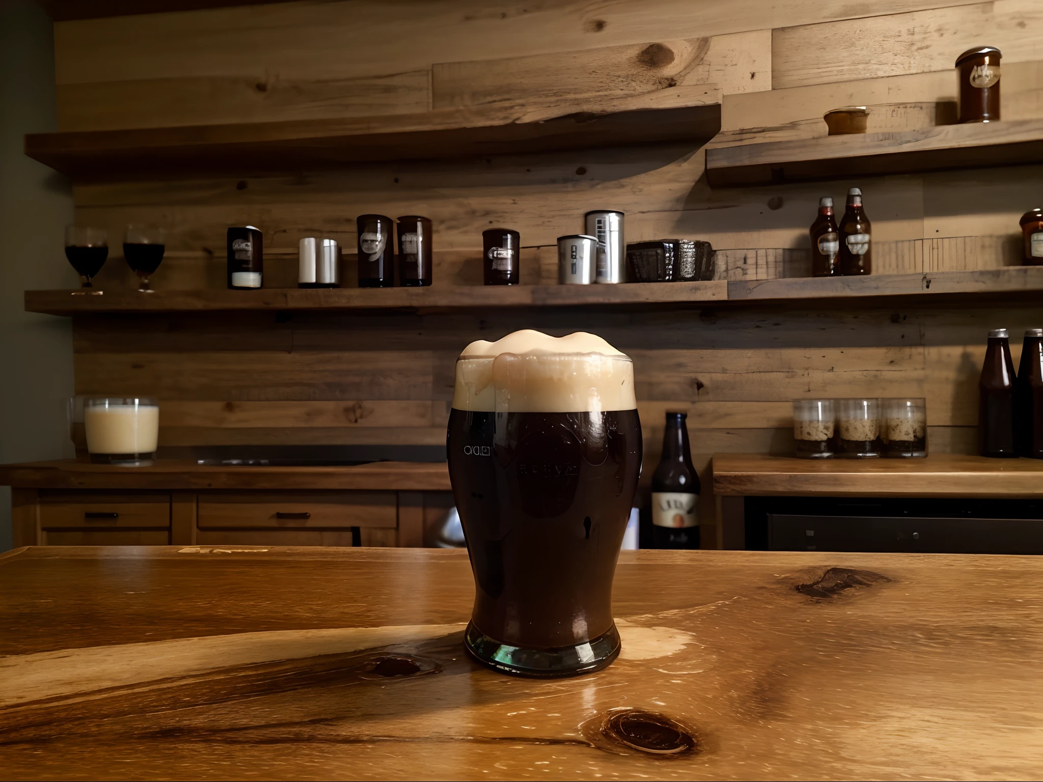 A perfectly poured pint of stout with a creamy head sitting on a wooden bar counter.