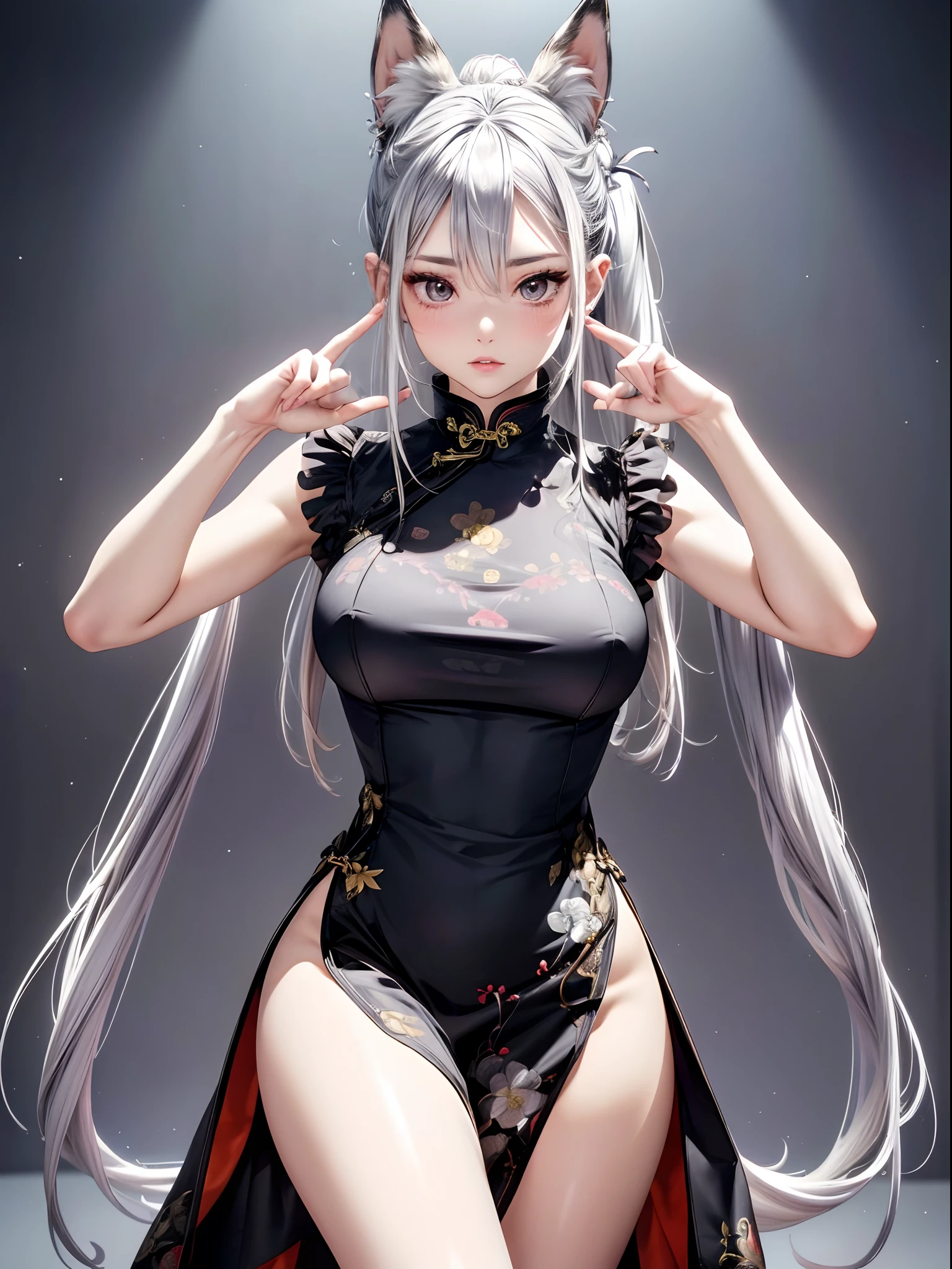 absurderes,(​masterpiece、top-quality、8K ),intricate detailes,ultra-detailliert、1 beautiful pale woman,(silber hair:1.2),((fox ear:1.3)),Long ponytail,Mega Ponytail,(qipao dress:1.3),thighs thighs thighs thighs、long eyelashes,(Beautiful and detailed eyes),Glossy lips,(sexy  pose:1.2),Hyper realistic,Perfect Anatomy