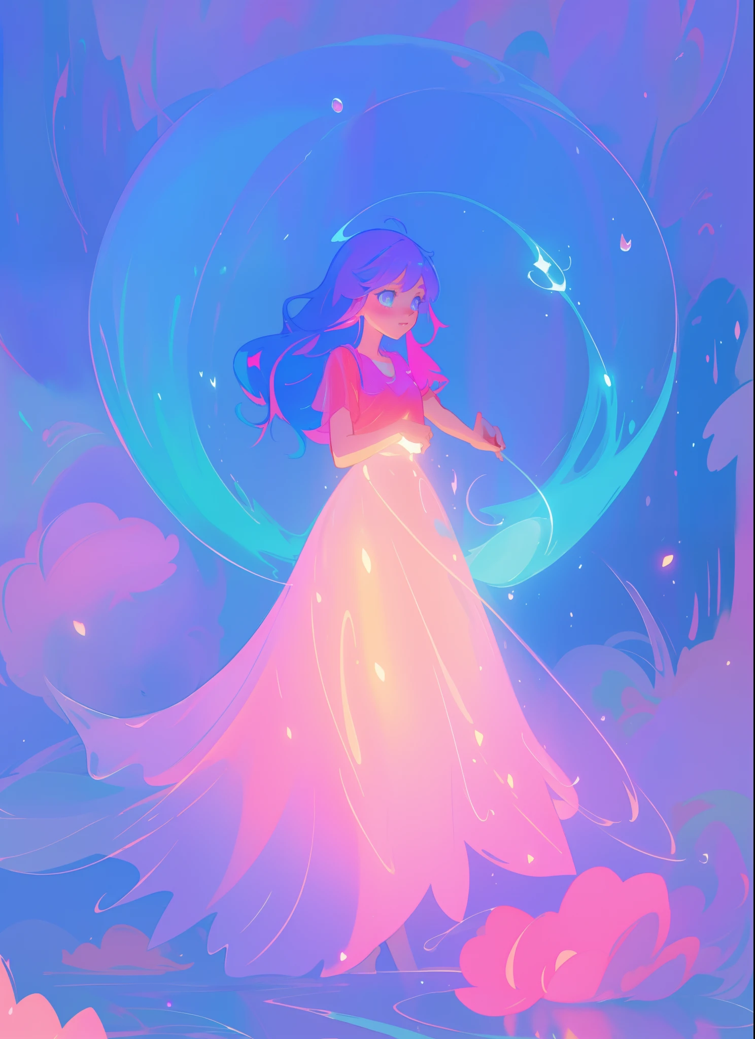beautiful anime girl in colorful liquid dress, vibrant pastel colors, (colorful), magical lights, sparkling lines of light, inspired by Glen Keane, inspired by Lois van Baarle, disney art style, by Lois van Baarle, glowing aura around her, by Glen Keane, jen bartel, glowing lights! digital painting, flowing glowing hair, glowing flowing hair, beautiful digital illustration, fantasia background, whimsical, magical, fantasy, beautiful face, ((masterpiece, best quality)), intricate details, highly detailed, sharp focus, 8k resolution, sparkling detailed eyes, liquid watercolor