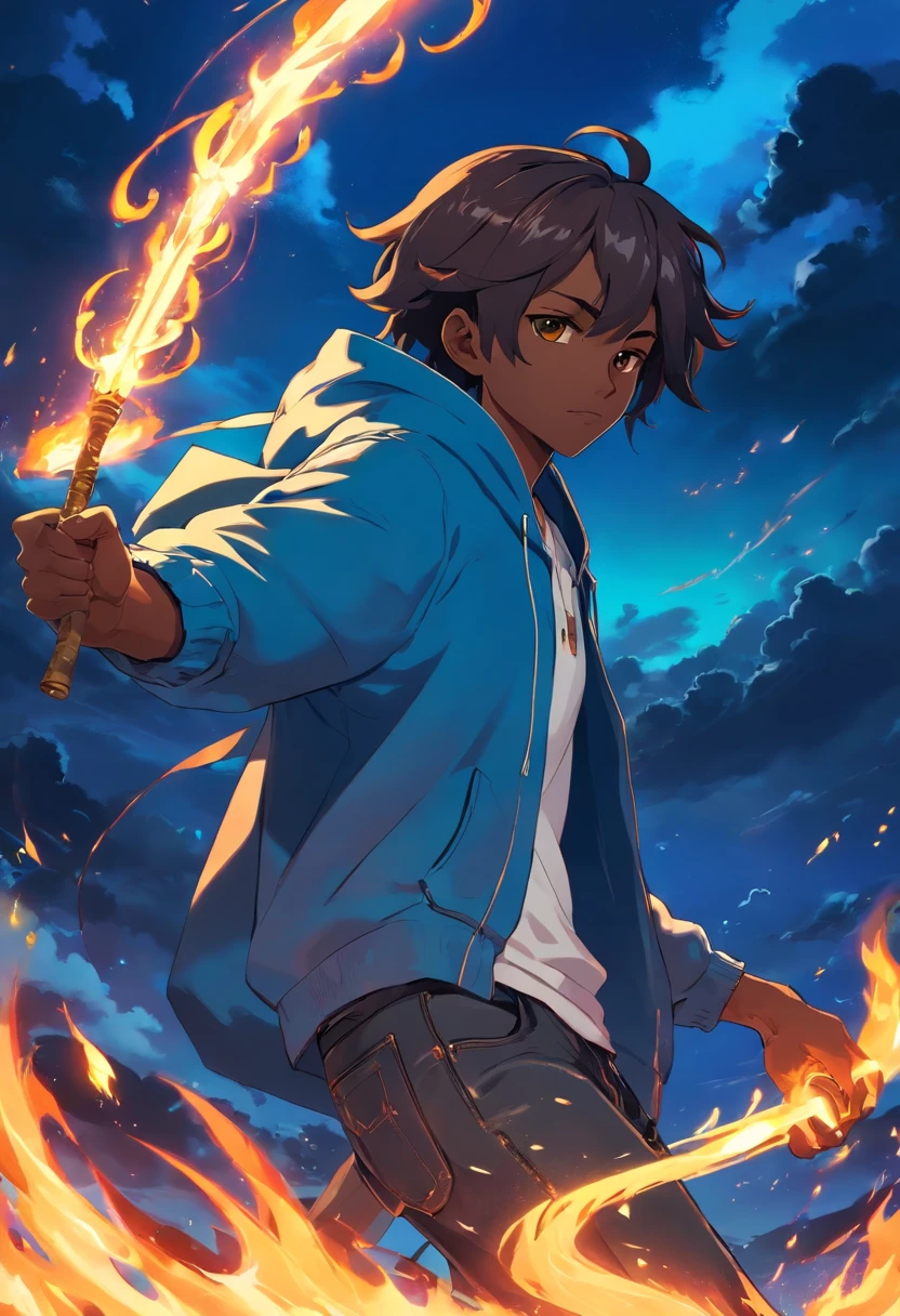 Jamaican God Of Fire In Hoodie And Jeans With A Staff Made Of Blue Flames. dark skinned.