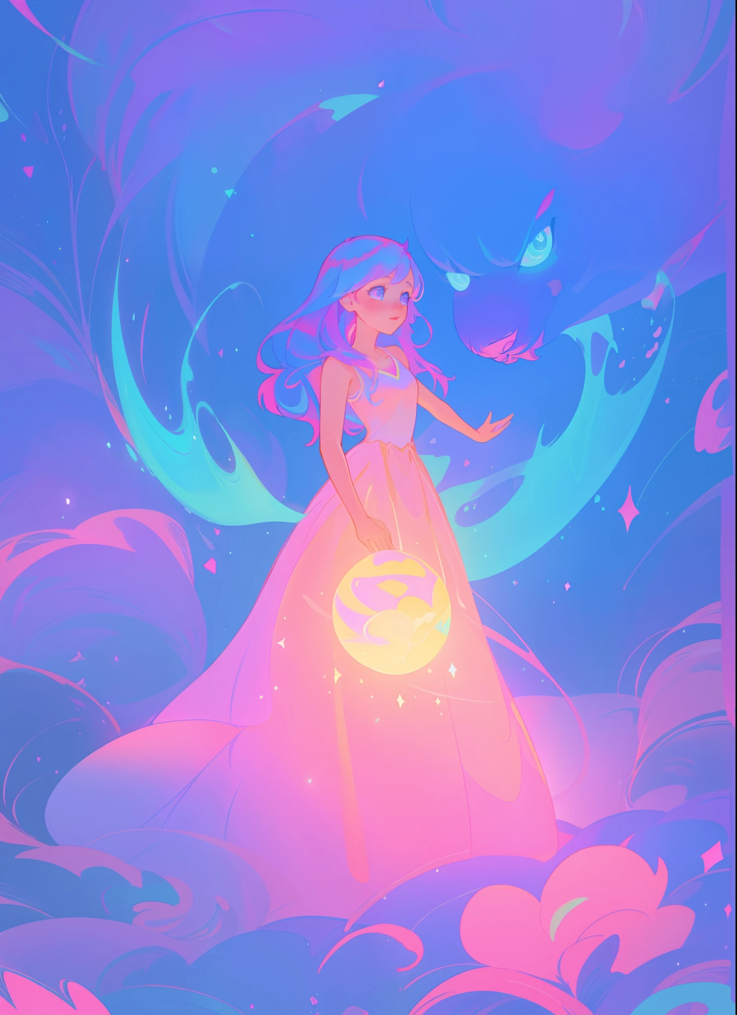 beautiful anime girl in colorful flowing ballgown, shimmering peach pink purple ballgown, blue pink and purple colors, vibrant pastel colors, (colorful), magical lights, magic circle of blue light, sparkling lines of light, inspired by Glen Keane, inspired by Lois van Baarle, disney art style, by Lois van Baarle, glowing aura around her, by Glen Keane, jen bartel, glowing lights! digital painting, flowing glowing hair, glowing flowing hair, beautiful digital illustration, fantasia background, whimsical, magical, fantasy, beautiful face, ((masterpiece, best quality)), intricate details, highly detailed, sharp focus, 8k resolution, sparkling detailed eyes, liquid watercolor