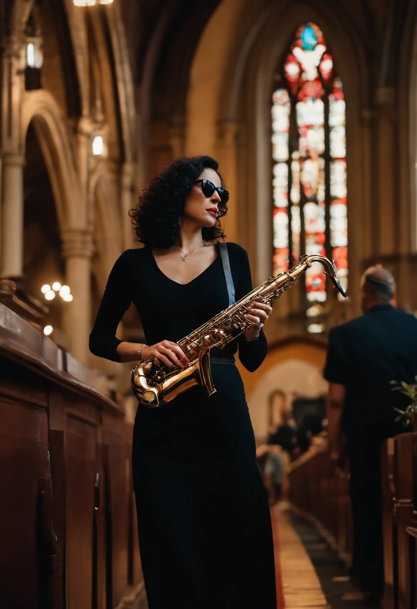 A woman in church, playing the saxophone, white skin, slightly wavy, shoulder-length black hair, long face, slightly slanted eyes, larger waist and bust, wearing a black midi skirt, black blouse, Ray-Ban sunglasses and All Star sneakers