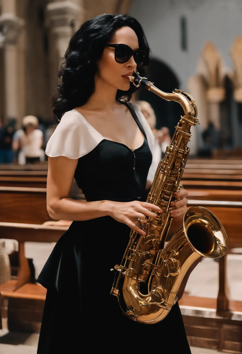 A woman in church, playing the saxophone, white skin, slightly wavy, shoulder-length black hair, long face, slightly slanted eyes, larger waist and bust, wearing a black midi skirt, black blouse, Ray-Ban sunglasses and All Star sneakers