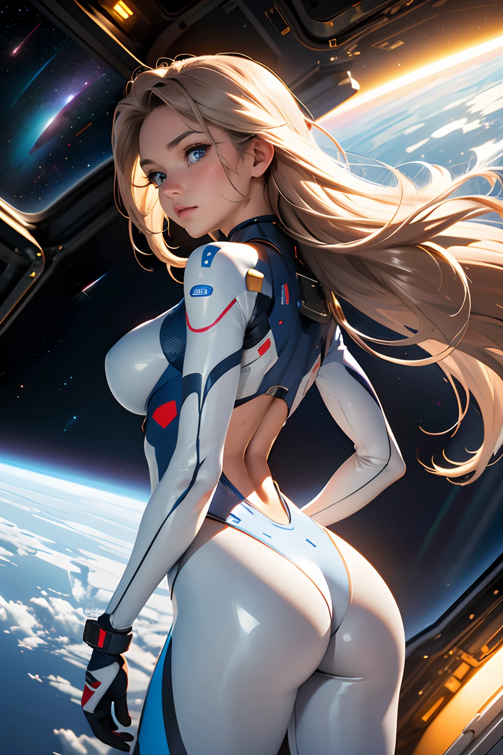 rear view, backside view, turning away, sandy hair, eyes are blue, fit body large breasts slender thighs slender waist pilot suit solo looking away from viewer, in space, long hair, blushing, determination, 8k, extreme detail,