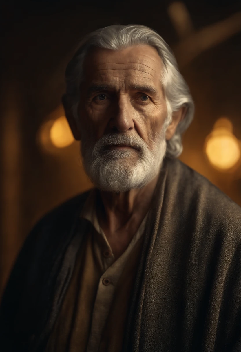 Photorealistic portrait of an old man, gray hair, wearing clothes from the time of Jesus, full body, centered face, background emitting golden lights, detailed face. Cinema effect, 8k.