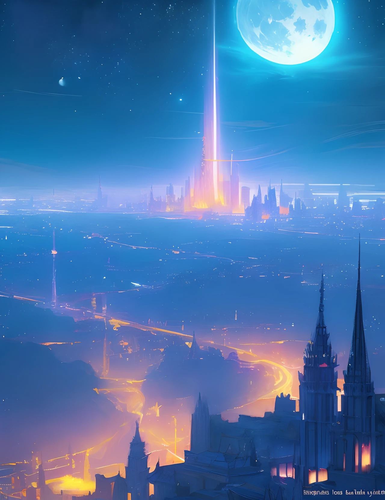 the met、Painting of a river with stars and moon in the sky、the met、Glowing skyscrapers、Shine across the board、Skyscrapers、Concept art inspired by Mitsuoki Tosa、pixiv contest winners、top-quality、Fantasyart、beautiful anime scene、Bright moon、Moonlit star environment、Dream painting、Anime Background Art、Fantasy landscape art、fantasy knight、anime backgrounds、background artwork、Fantastic art、atmospheric anime、starrysky、Detail has been enhanced。