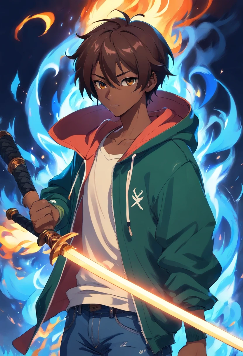 Jamaican God Of Fire In Hoodie And Jeans holding a sword with the blade engulfed Blue Flames. dark skinned.