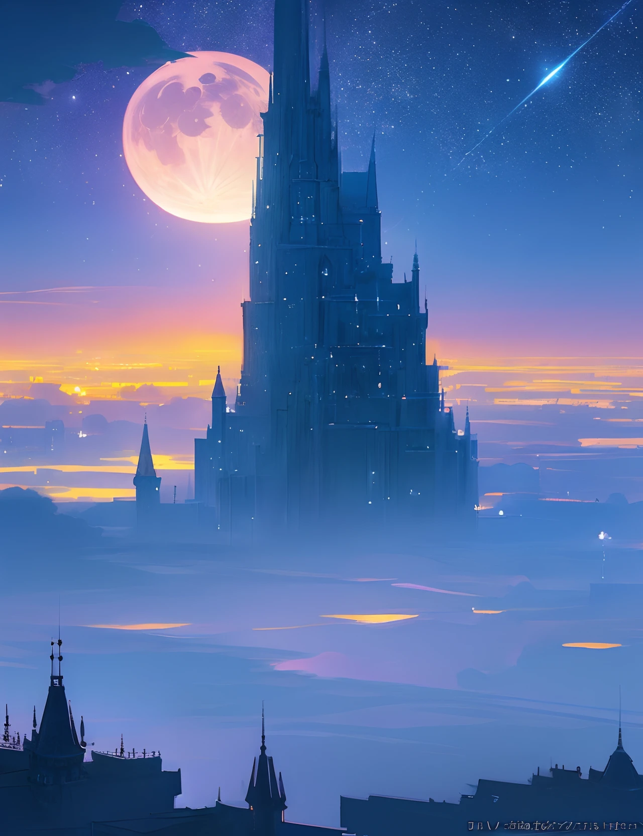 the met、Painting of a river with stars and moon in the sky、the met、Glowing skyscrapers、Shine across the board、Skyscrapers、Concept art inspired by Mitsuoki Tosa、pixiv contest winners、top-quality、Fantasyart、beautiful anime scene、Bright moon、Moonlit star environment、Dream painting、Anime Background Art、Fantasy landscape art、fantasy knight、anime backgrounds、background artwork、Fantastic art、atmospheric anime、starrysky、Detail has been enhanced。