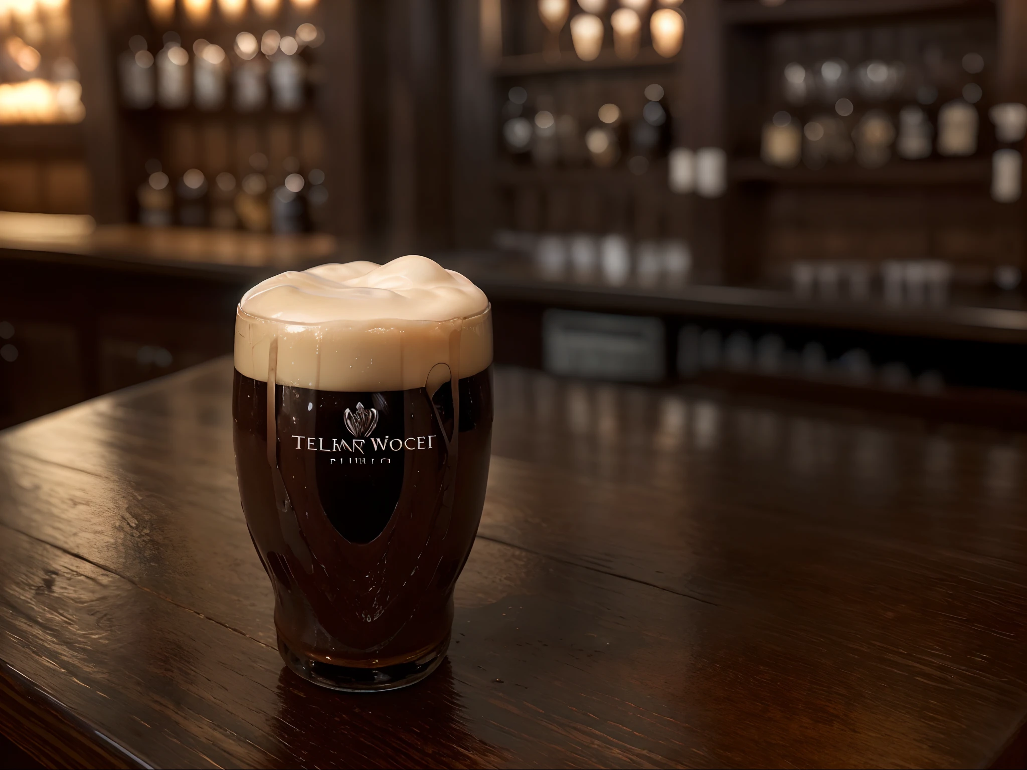 An impeccably poured pint of rich, velvety stout, boasting a luscious creamy head, delicately rests atop a flawless and polished wooden bar counter. This breathtaking image, reminiscent of a stunning photograph, showcases the rich darkness of the stout contrasting beautifully with the pristine white foam and the warm hues of the bar counter. Every detail is meticulously captured, from the tiny bubbles dancing within the ebony liquid to the intricate patterns etched into the wood. The image exudes exceptional craftmanship, inviting viewers to savor the indulgence of this flawless pint with their eyes.