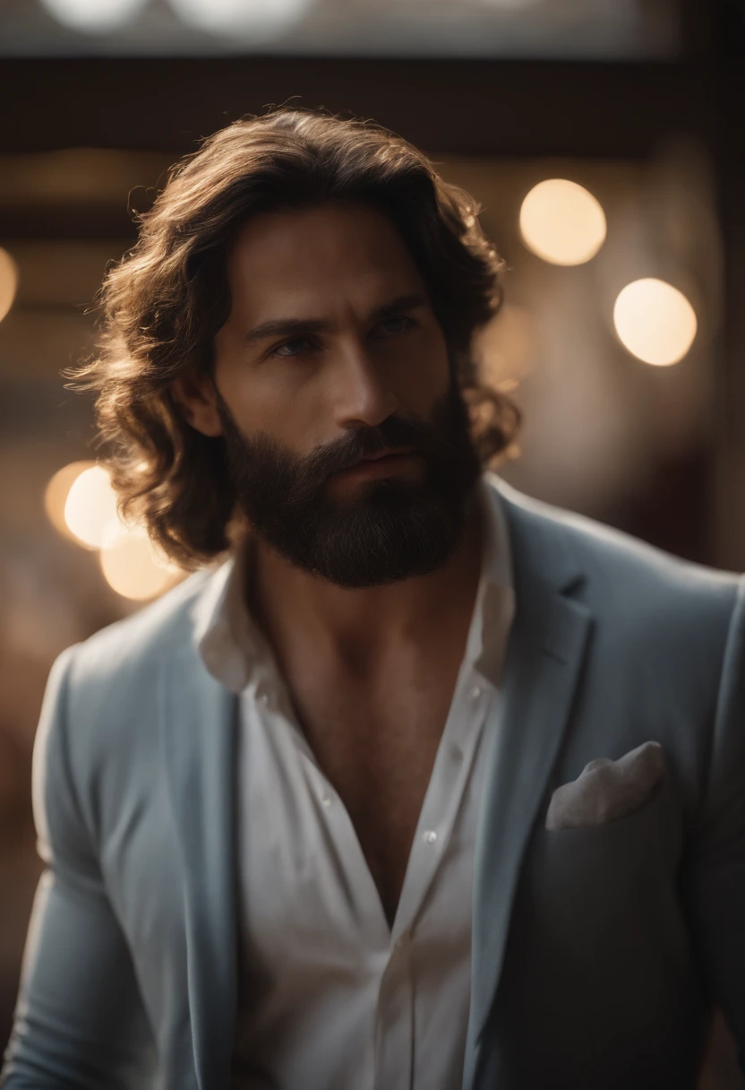 Retrato fotorrealista de um homem velho, cabelos grisalhos, barba grande grisalho,Vestindo roupas do tempo de Jesus, corpo inteiro, face centrada, fundo emitindo luzes douradas, Rosto detalhado. efeito cinema, 8k.