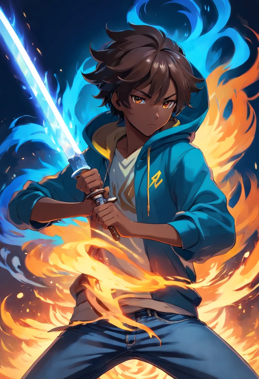 Jamaican God Of Fire In Hoodie And Jeans holding a sword with the blade engulfed Blue Flames. dark skinned. realistic hands.