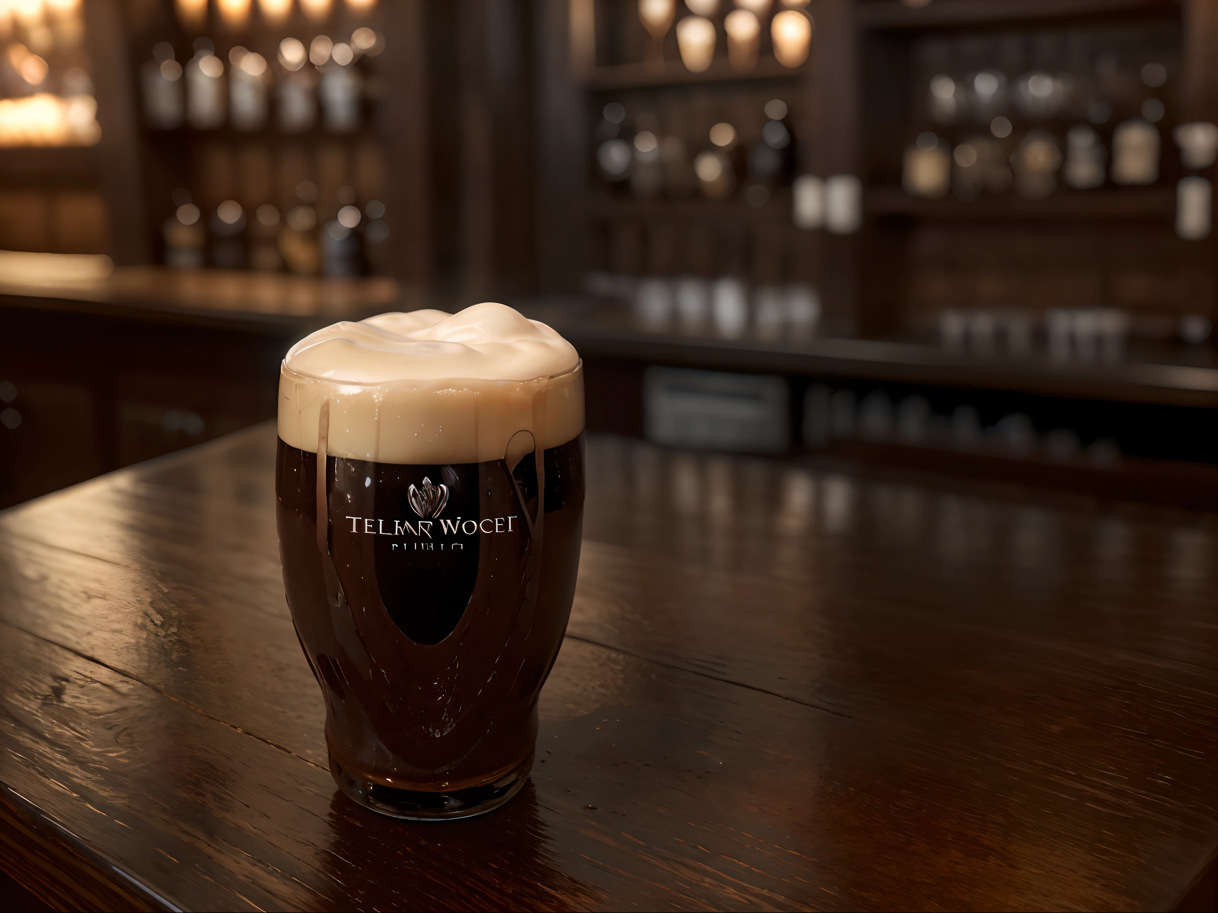 An impeccably poured pint of rich, velvety stout, boasting a luscious creamy head, delicately rests atop a flawless and polished wooden bar counter. This breathtaking image, reminiscent of a stunning photograph, showcases the rich darkness of the stout contrasting beautifully with the pristine white foam and the warm hues of the bar counter. Every detail is meticulously captured, from the tiny bubbles dancing within the ebony liquid to the intricate patterns etched into the wood. The image exudes exceptional craftmanship, inviting viewers to savor the indulgence of this flawless pint with their eyes.