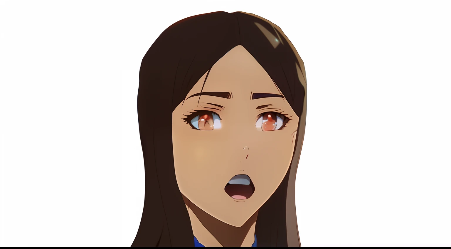 anime com cabelo longo e olhos castanhos em uma camisa azul, personagem de anime feminino, close up de uma jovem garota de anime, shocked expression on her face, cara de anime raivoso altamente detalhado, Vetor Anime sombreado, retrato da mulher do anime, wide eyes shocked expression, surprised expression on her face, surprised expression, perfil headshot da mulher anime, shocked expression, menina jovem realista