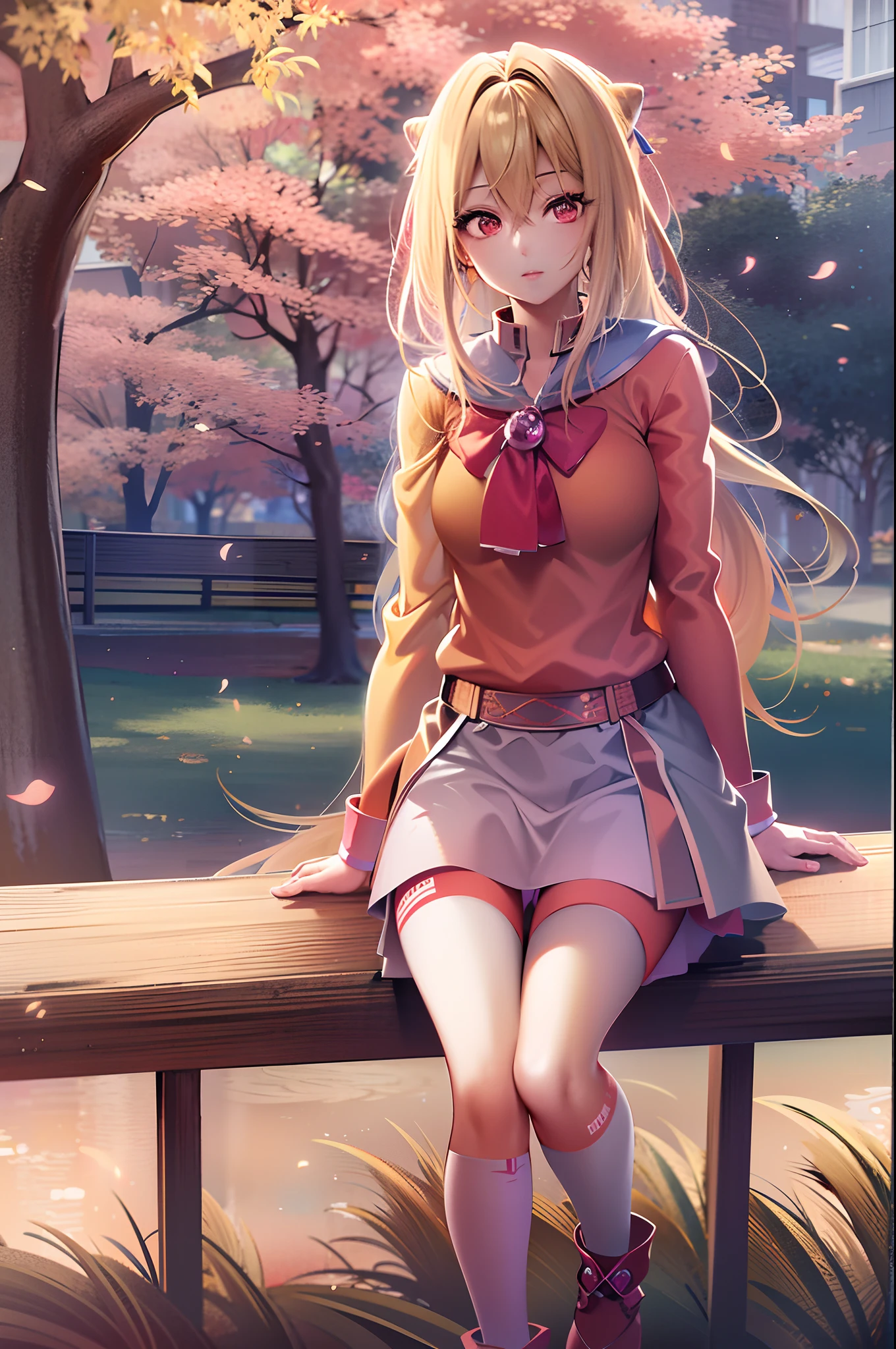 (Best quality,4K,8K,A high resolution,Masterpiece:1.2),Ultra-detailed,(Realistic,Photorealistic,photo-realistic:1.37),Anime girl in the park,sitting on a bench， seductive anime girls, Cute girl with anime visuals, Smooth anime CG art, Top anime girls, long-haired blonde anime girl, Beautiful and seductive anime teenager, attractive anime girls, style of anime, Anime goddess, anime visual of a young woman, Anime art style from Pixiv, A work of art featuring Praranly Soroux - Pixiv, Vibrant colors, Dynamic lighting