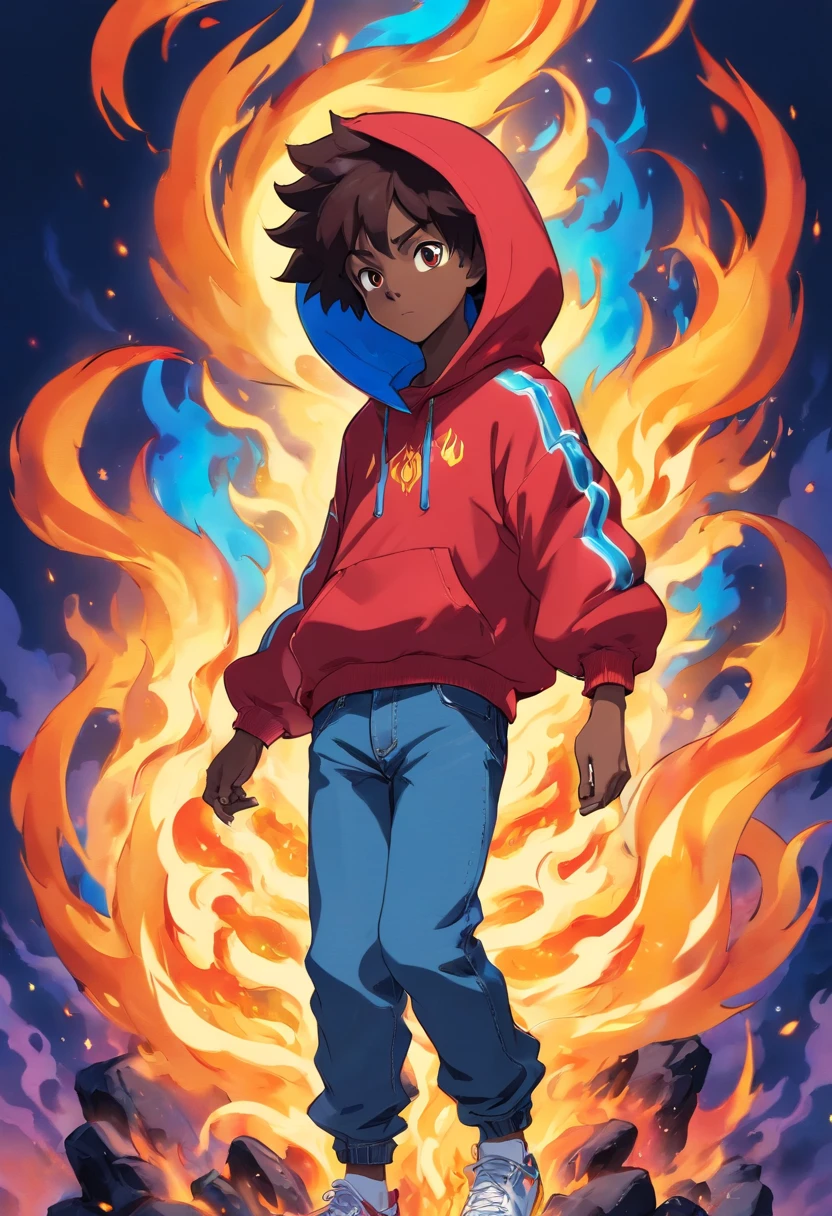 Jamaican God Of Fire In Hoodie And Jeans engulfed Blue Flames. dark skinned.