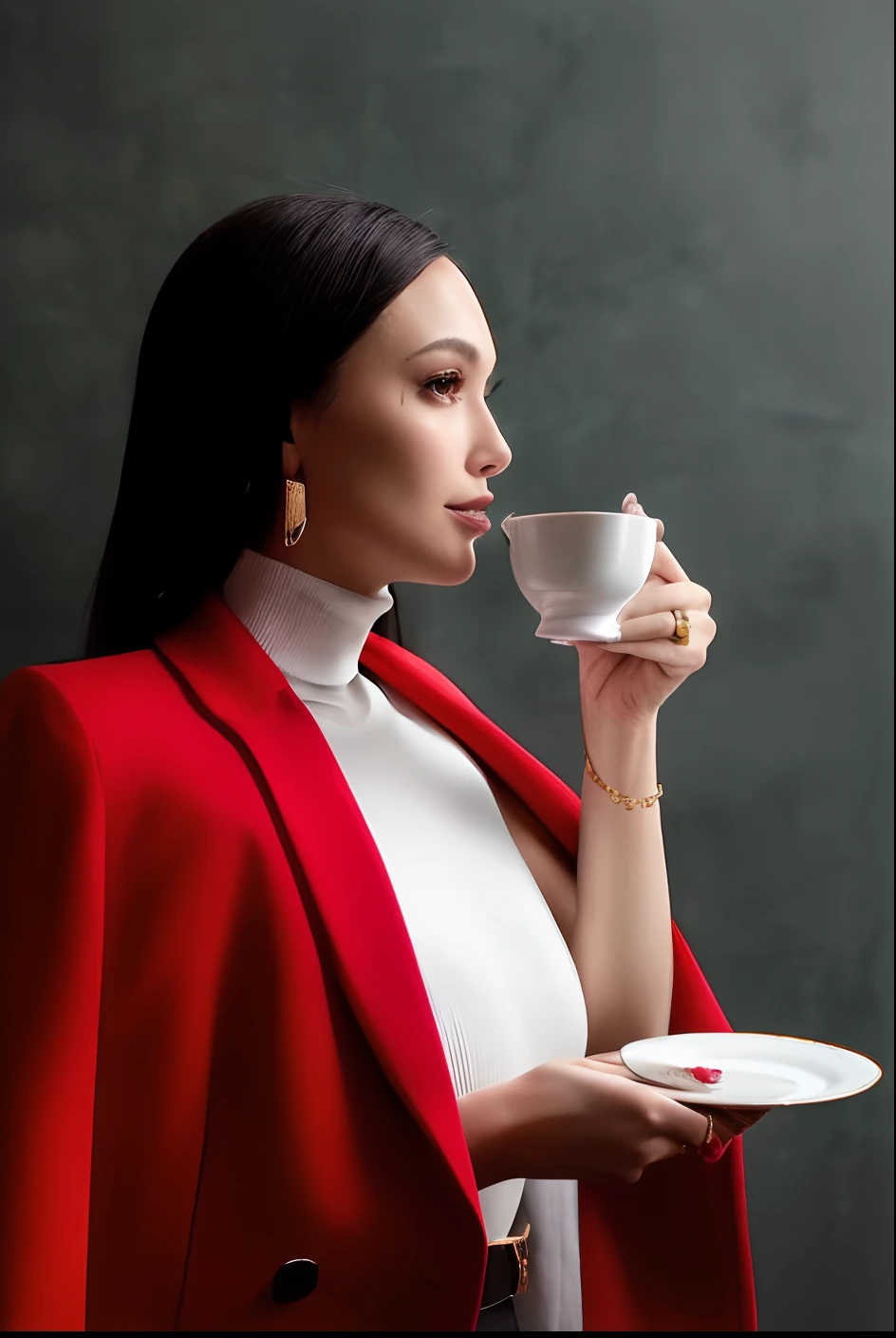 uma mulher em um casaco vermelho bebendo de um copo, Gal Gadot China Placa, Natasha Tan Maciej Kuciara, woman drinking coffee, Retrato de Darna moderno, Em estilo de Lam Manh, fotografia editorial, foto de retrato, usando uma roupa vermelha, photoshoot de moda high-end, Olga Buzova, Directed by: Natasha Tan, mulheres ricas, inspirado em Min Zhen
